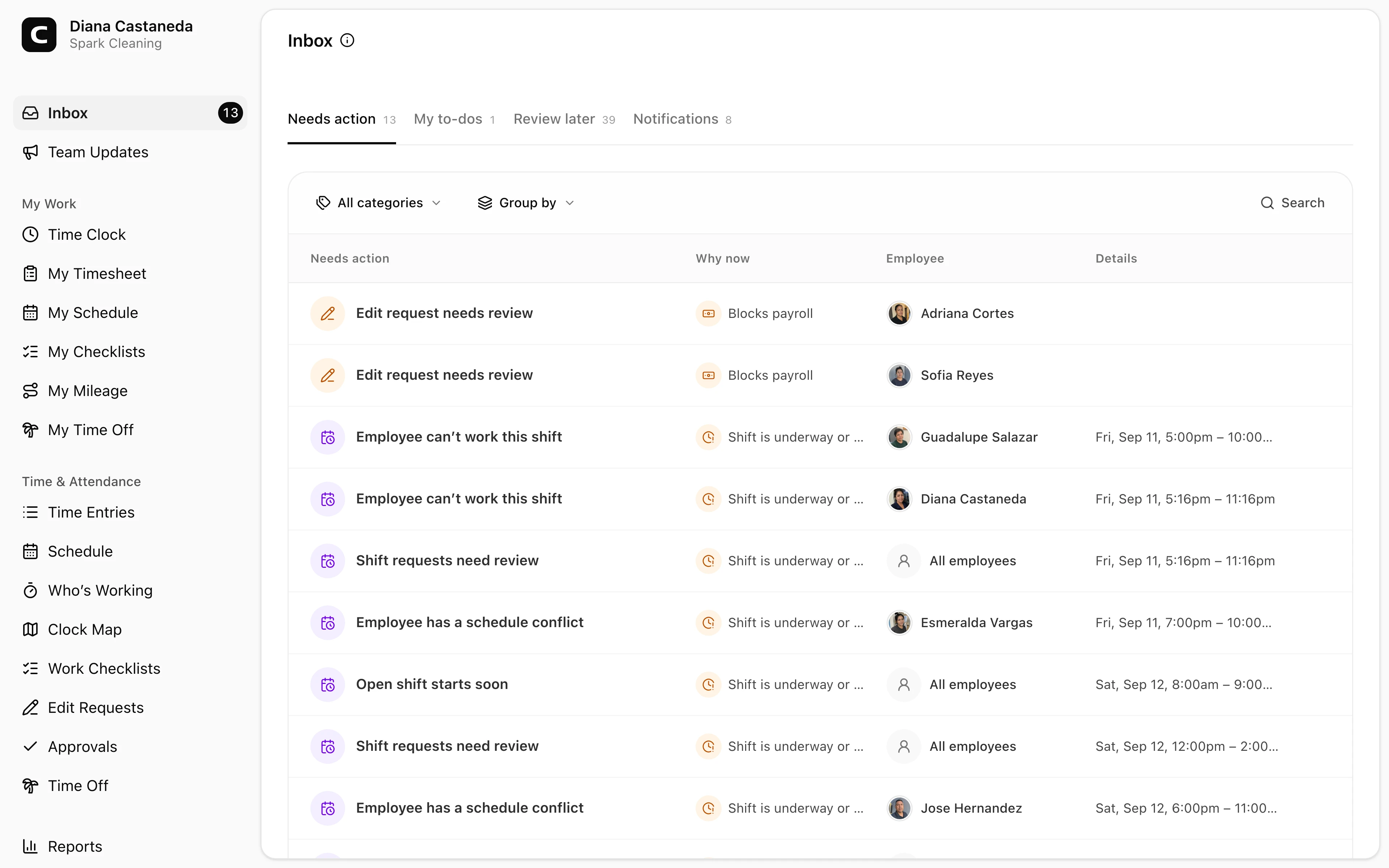 Clockspot Inbox screen. Work through urgent manager reviews, your own unfinished tasks, and notification history from one place without losing your position in the queue.
