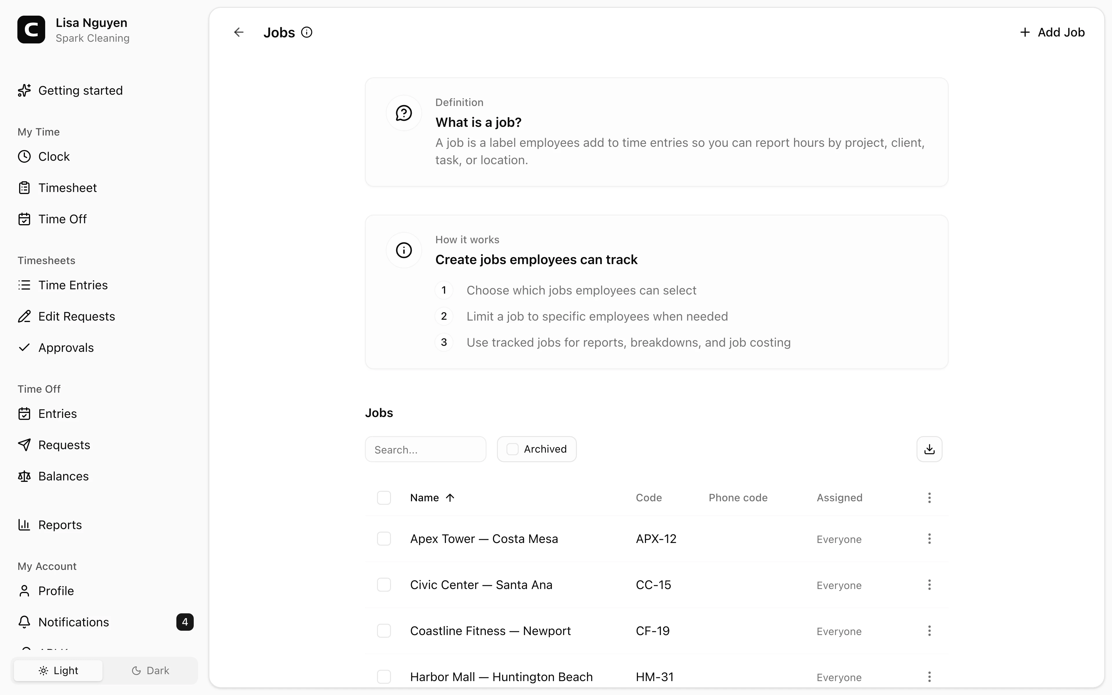 Clockspot Jobs screen. Group time entries by job, project, client, or task so you can review where hours and labor costs go.