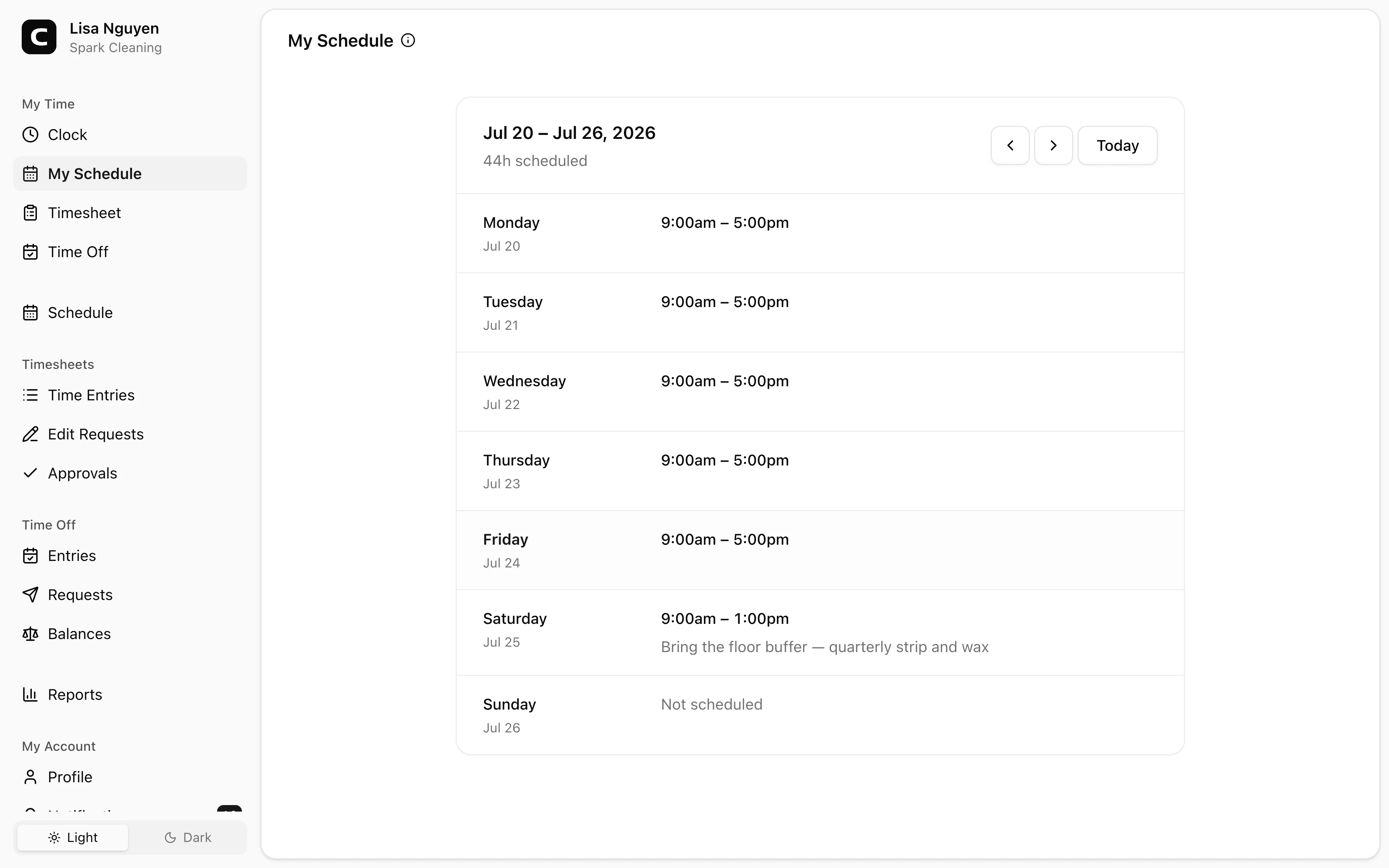 Clockspot My Schedule screen. See your published shifts for the week, with times, jobs, and notes from your manager.