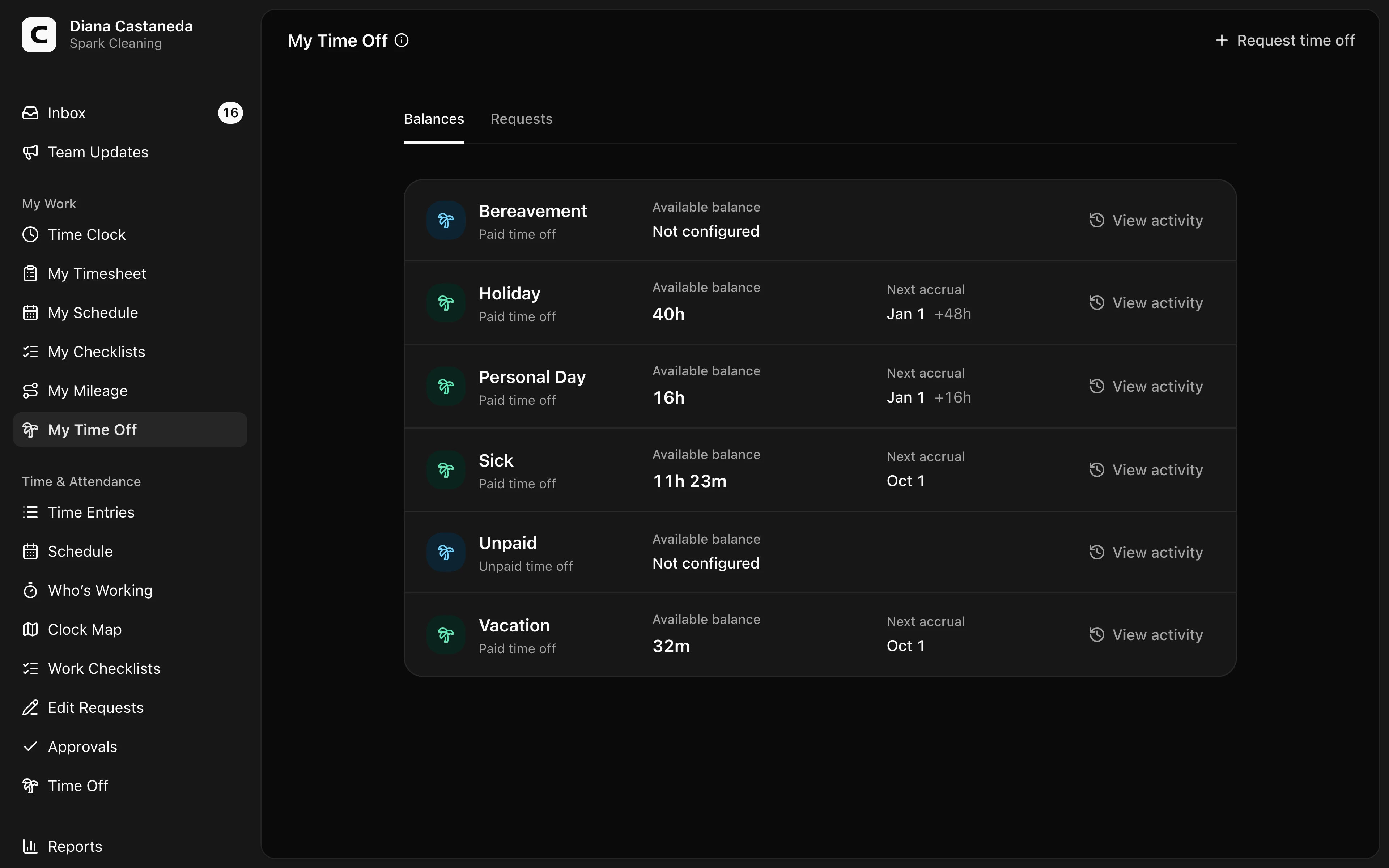Clockspot Time Off screen. Check your available time off by type, choose the dates and hours you need, and submit a request for your manager to review.