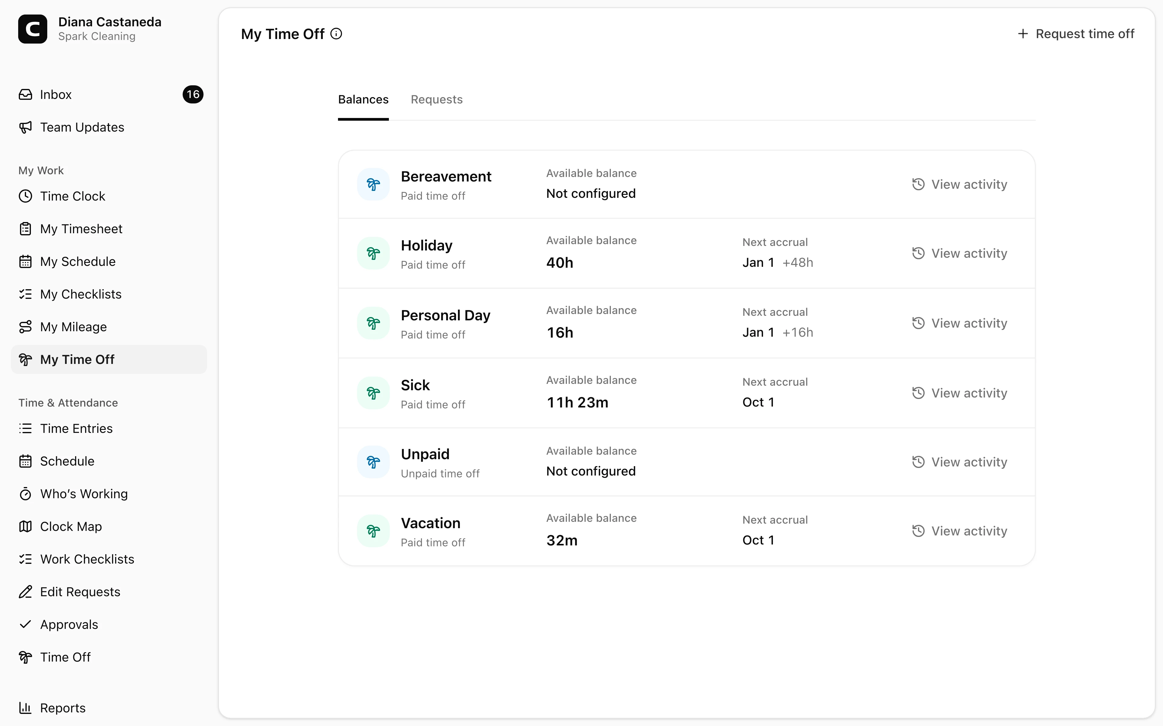 Clockspot Time Off screen. Check your available time off by type, choose the dates and hours you need, and submit a request for your manager to review.