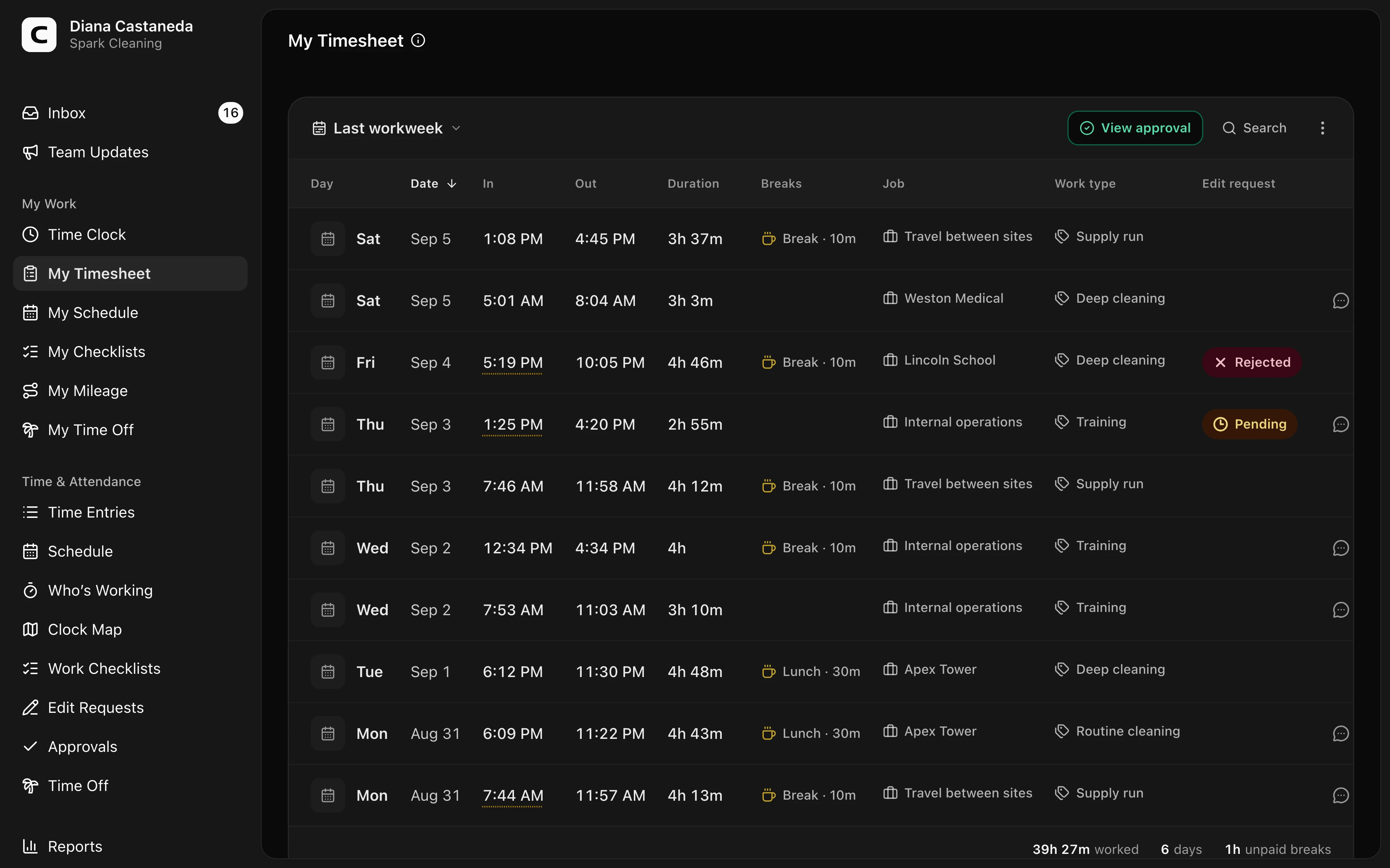 Clockspot Timesheet screen. Review the time entries in your current period, spot missing or incorrect details, and submit the complete timesheet to your manager for approval.