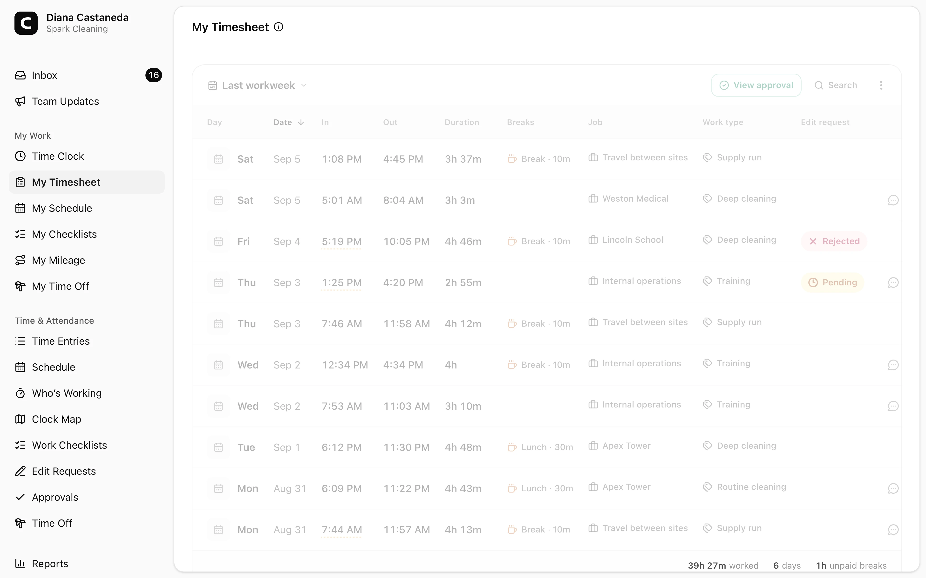 Clockspot Timesheet screen. Review the time entries in your current period, spot missing or incorrect details, and submit the complete timesheet to your manager for approval.