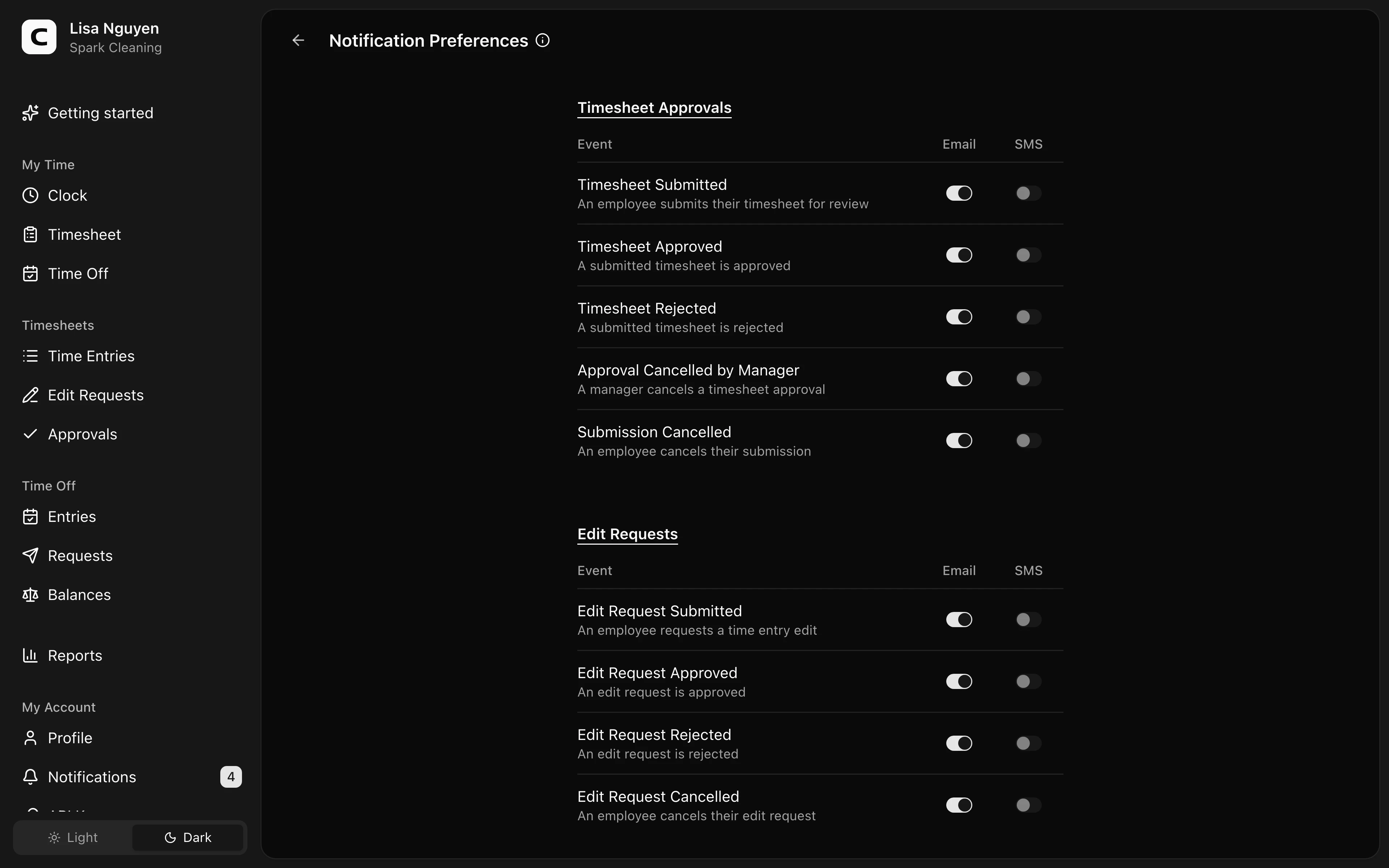 Clockspot Notification Preferences screen. Choose which events reach you, and whether by email or SMS.