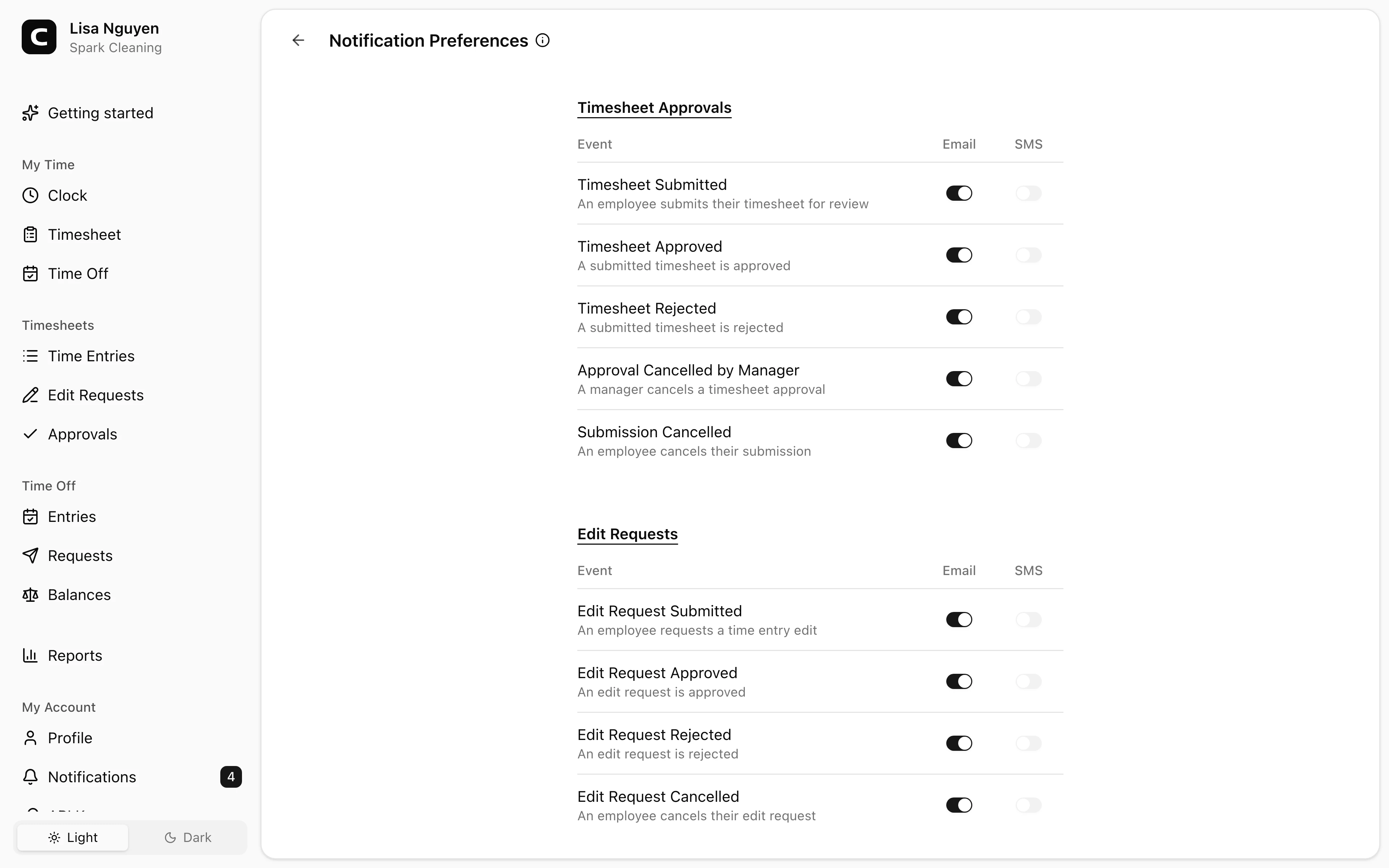 Clockspot Notification Preferences screen. Choose which events reach you, and whether by email or SMS.