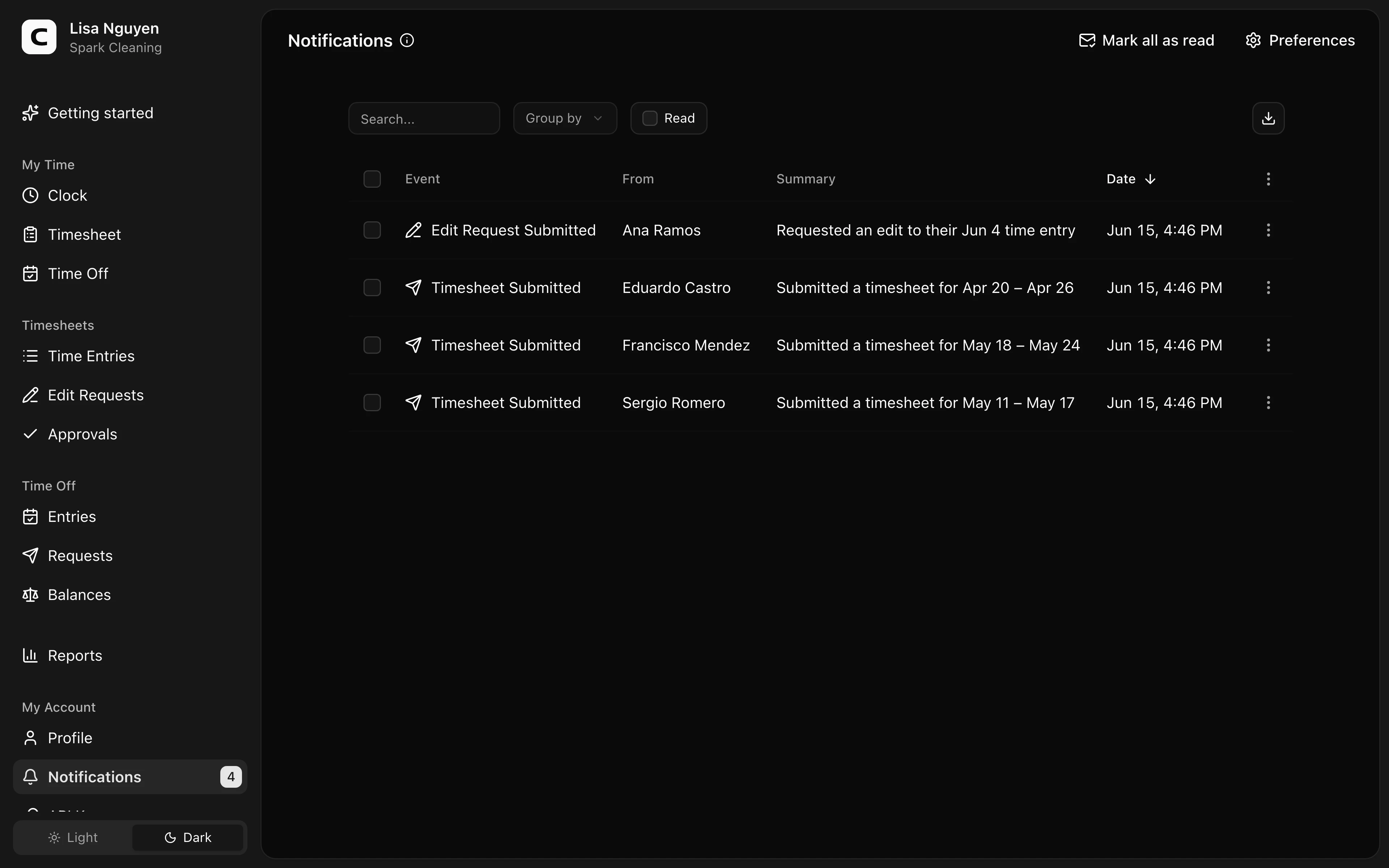 Clockspot Notifications screen. Catch up on recent alerts and activity that need your attention.