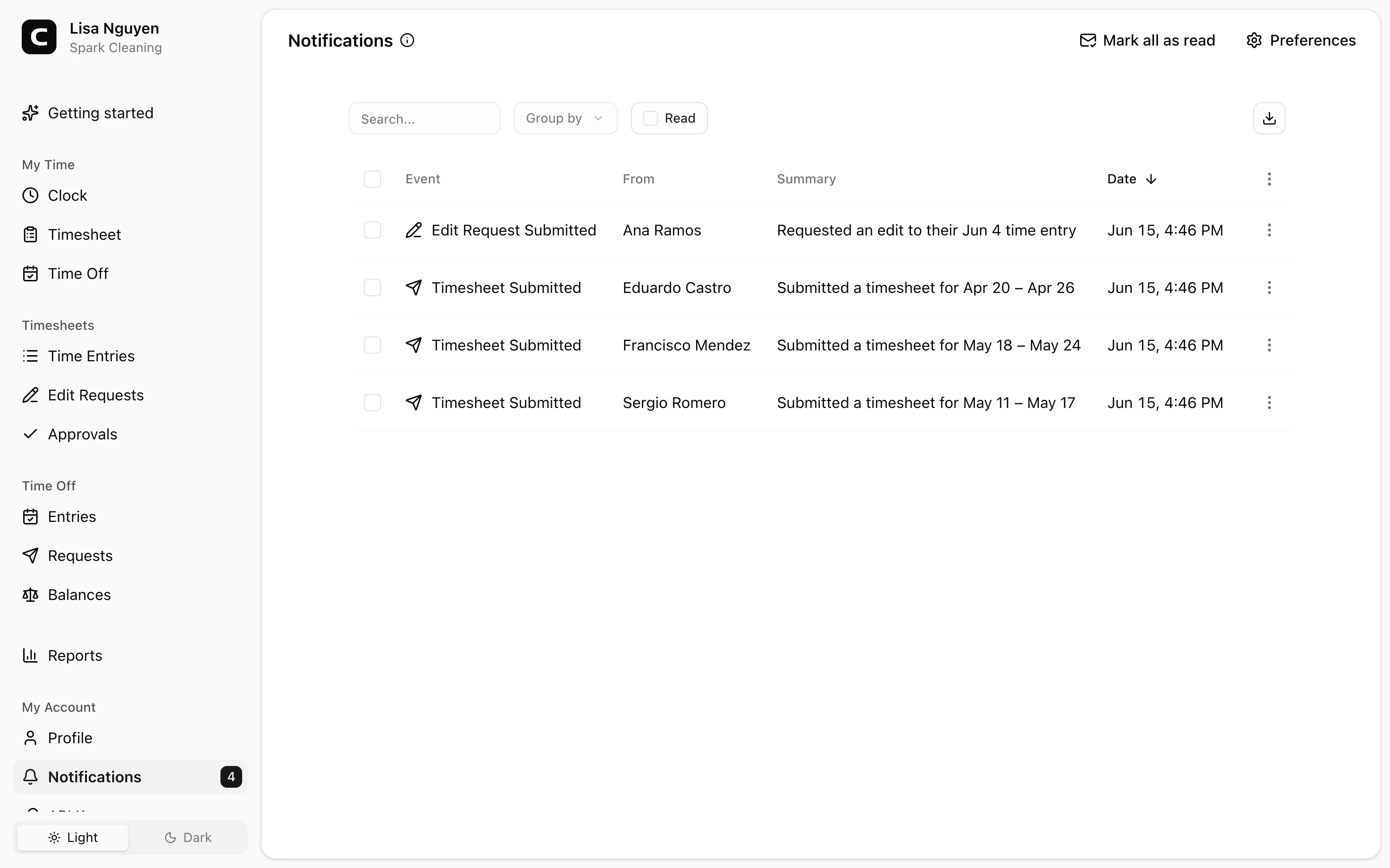 Clockspot Notifications screen. Catch up on recent alerts and activity that need your attention.