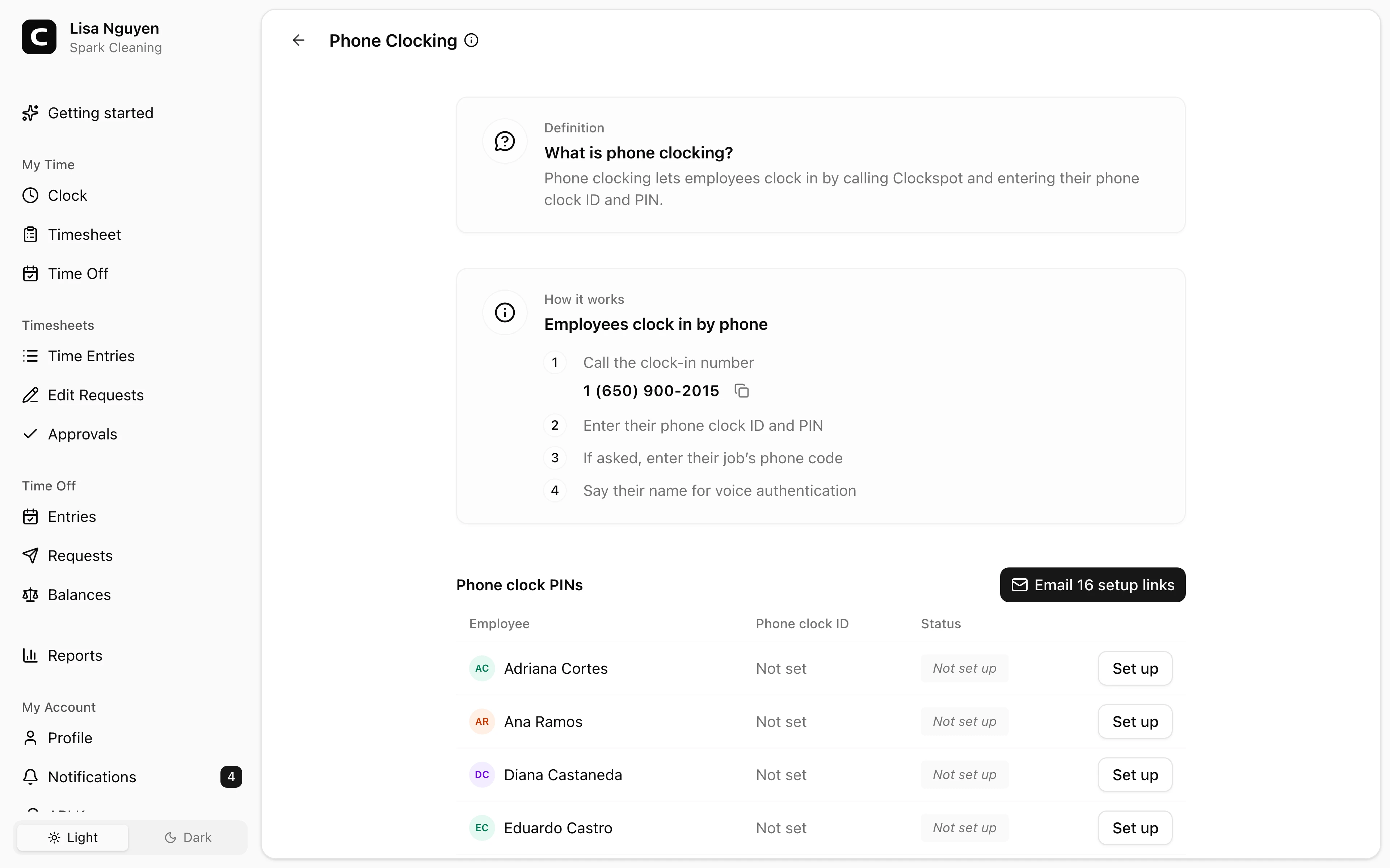 Clockspot Phone clocking screen. Set up phone clocking — give each employee a PIN to clock in and out by calling a number.