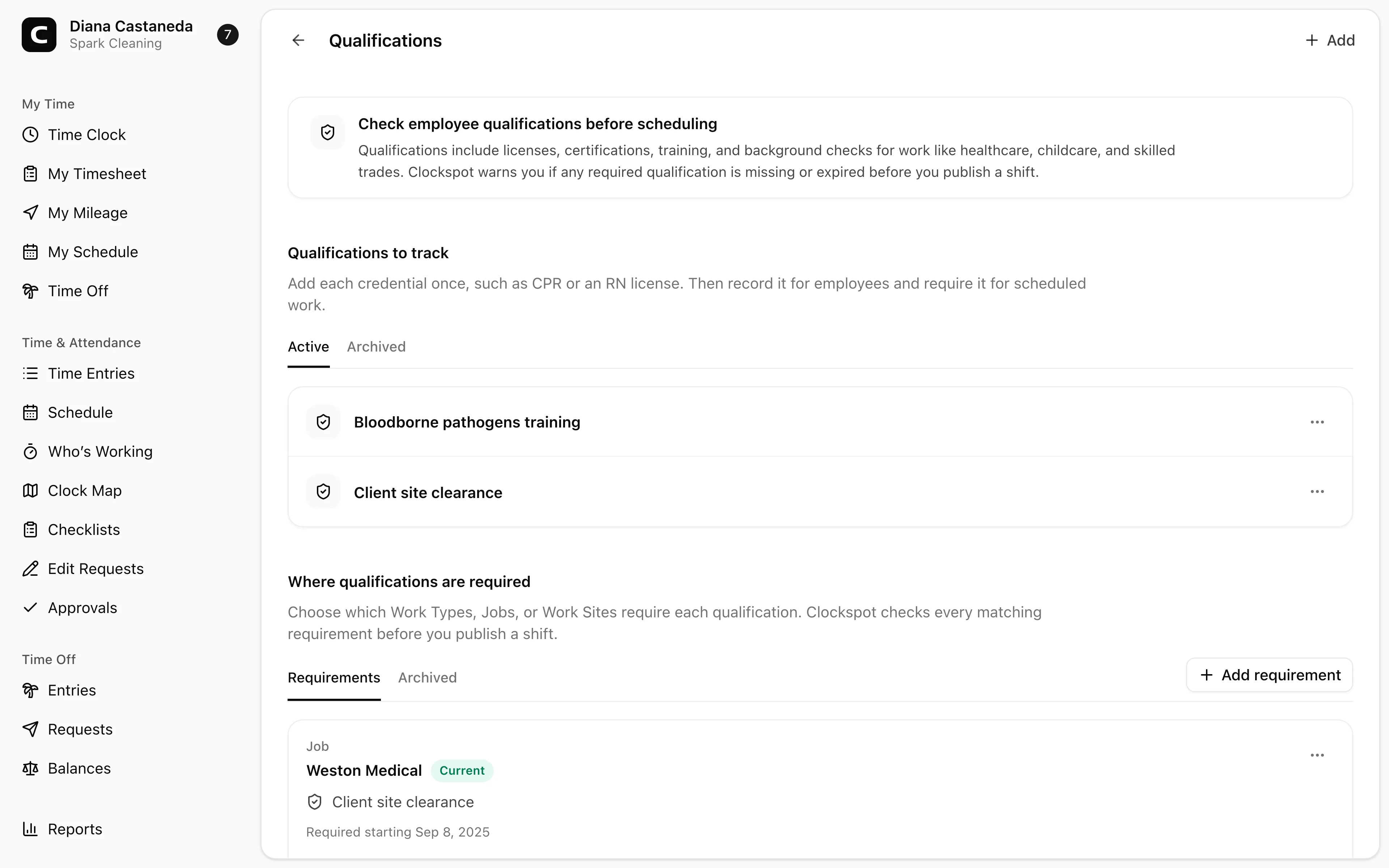 Clockspot Qualifications showing realistic employee qualification records and scheduling requirements for the Cleaning sample workspace