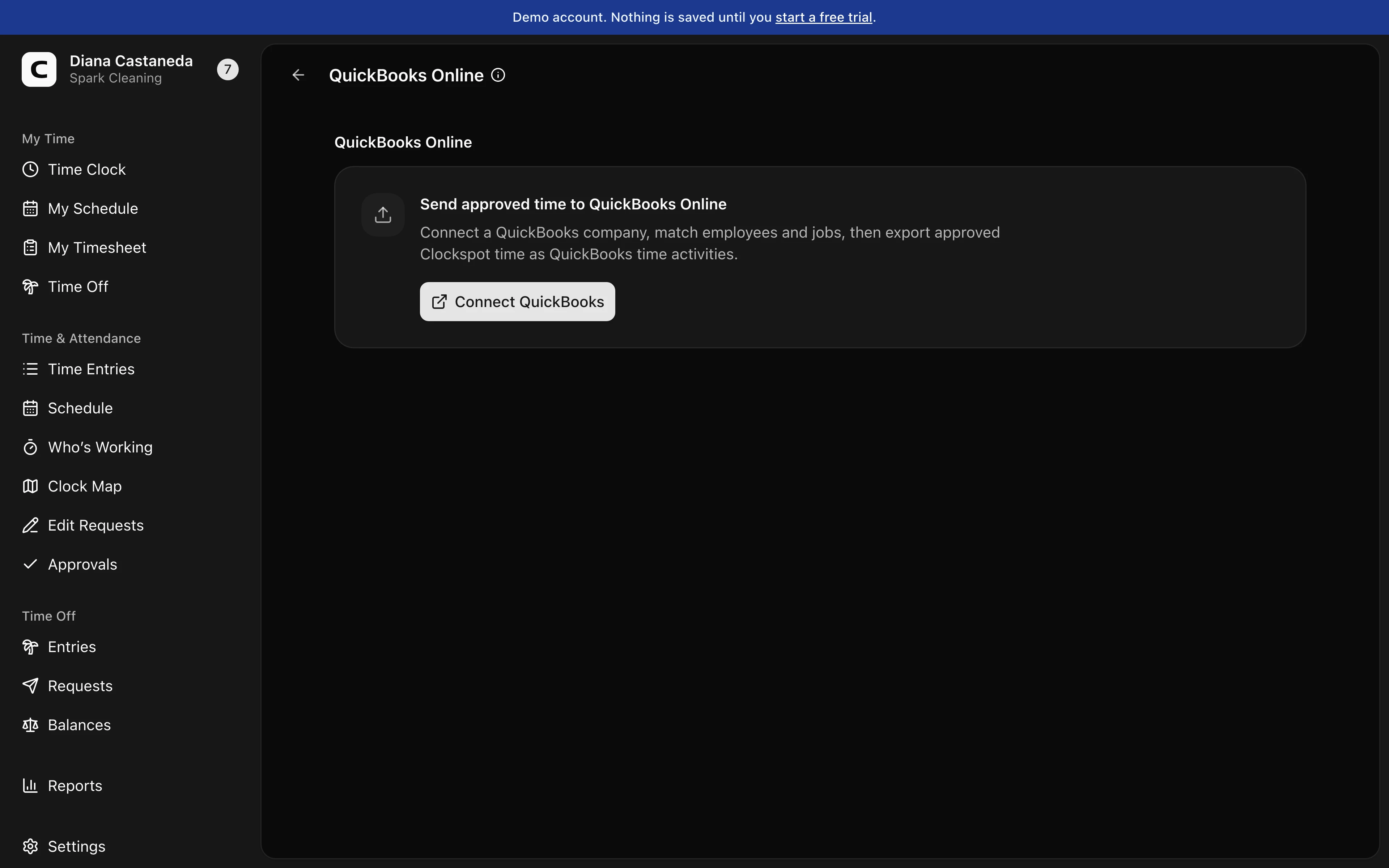 Clockspot QuickBooks Online screen. Send approved employee time to QuickBooks without re-entering hours before payroll.