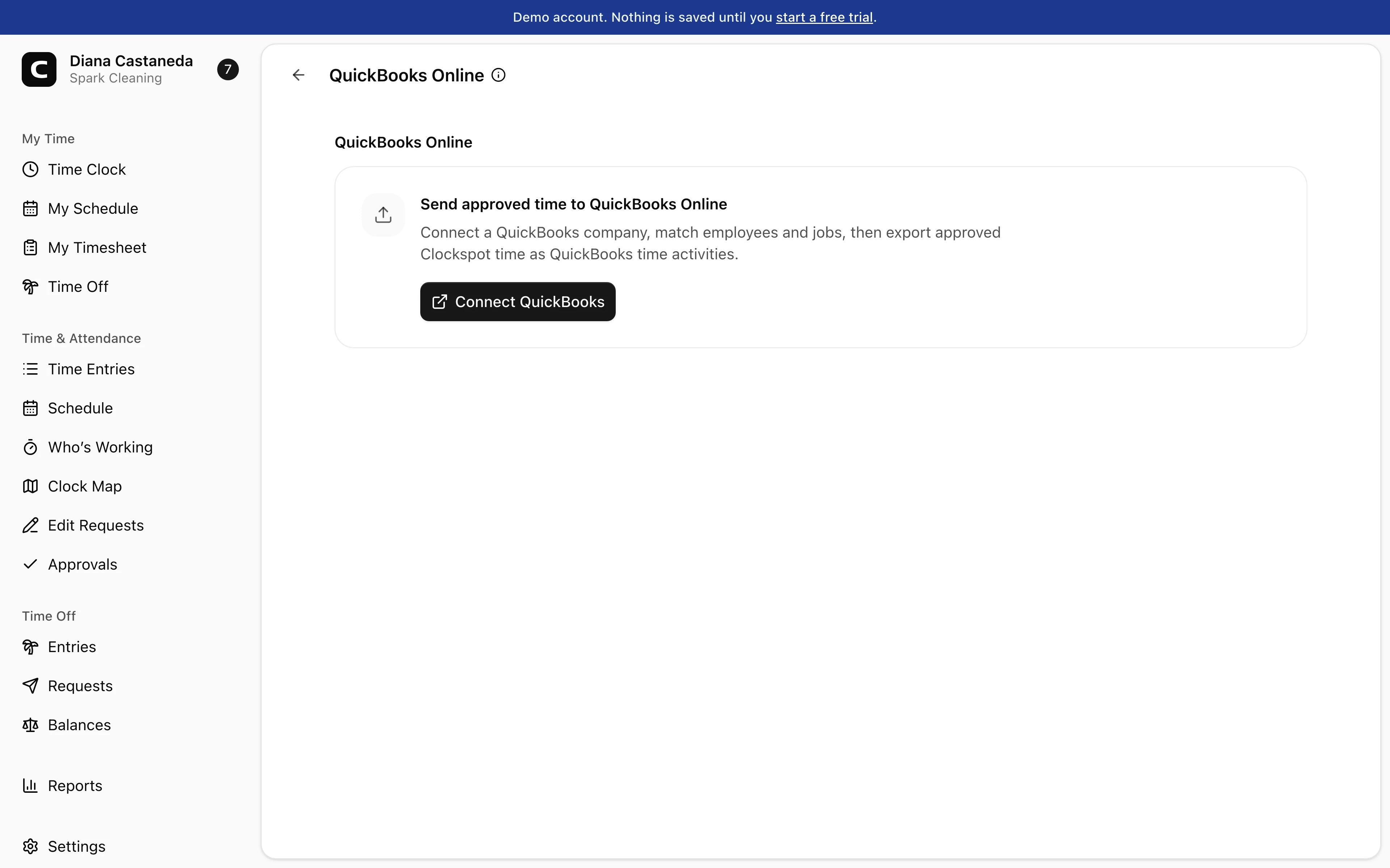 Clockspot QuickBooks Online screen. Send approved employee time to QuickBooks without re-entering hours before payroll.