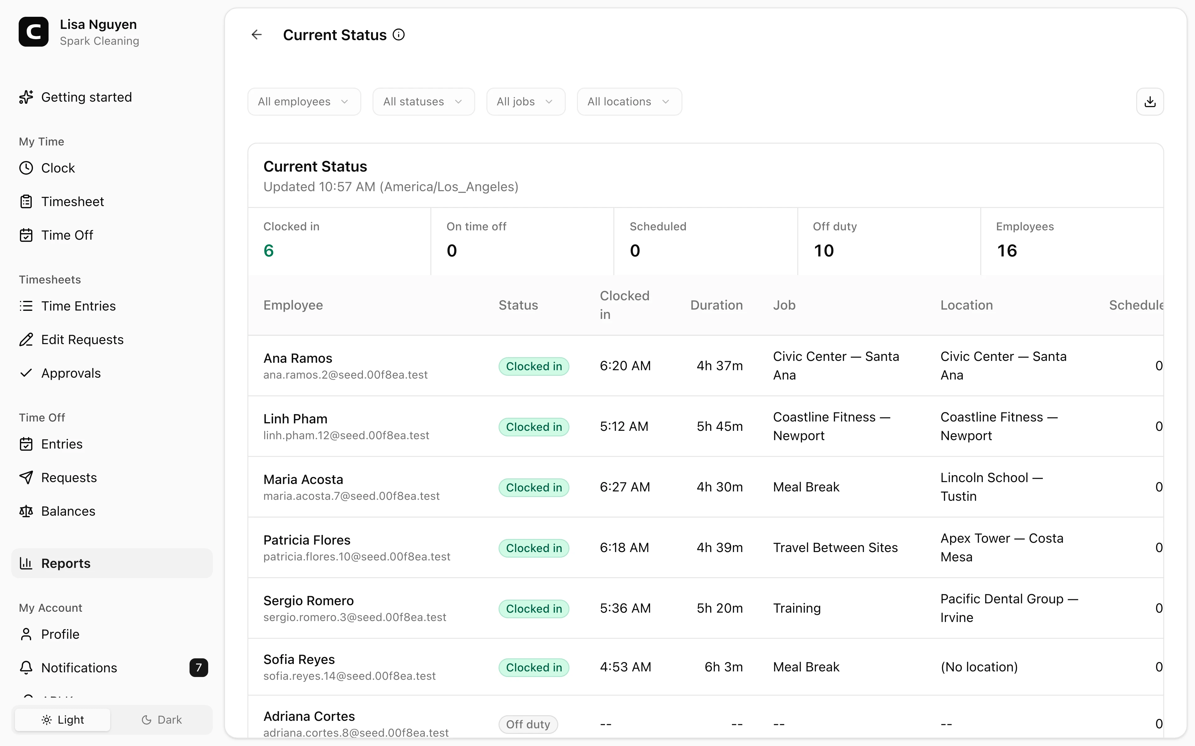 Clockspot Current Status screen. See who is clocked in, on time off, scheduled today, or off duty right now.