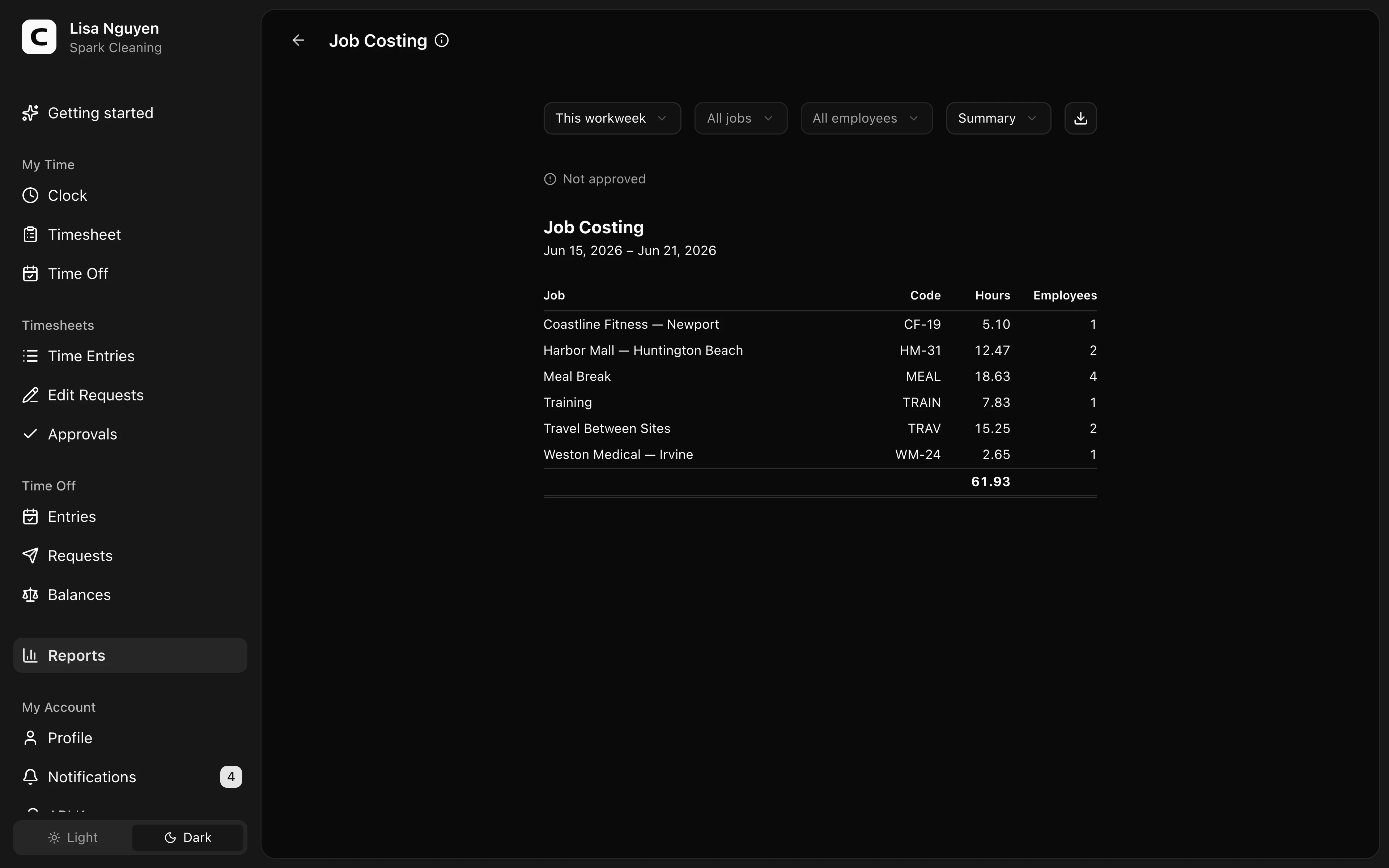 Clockspot Job Costing screen
