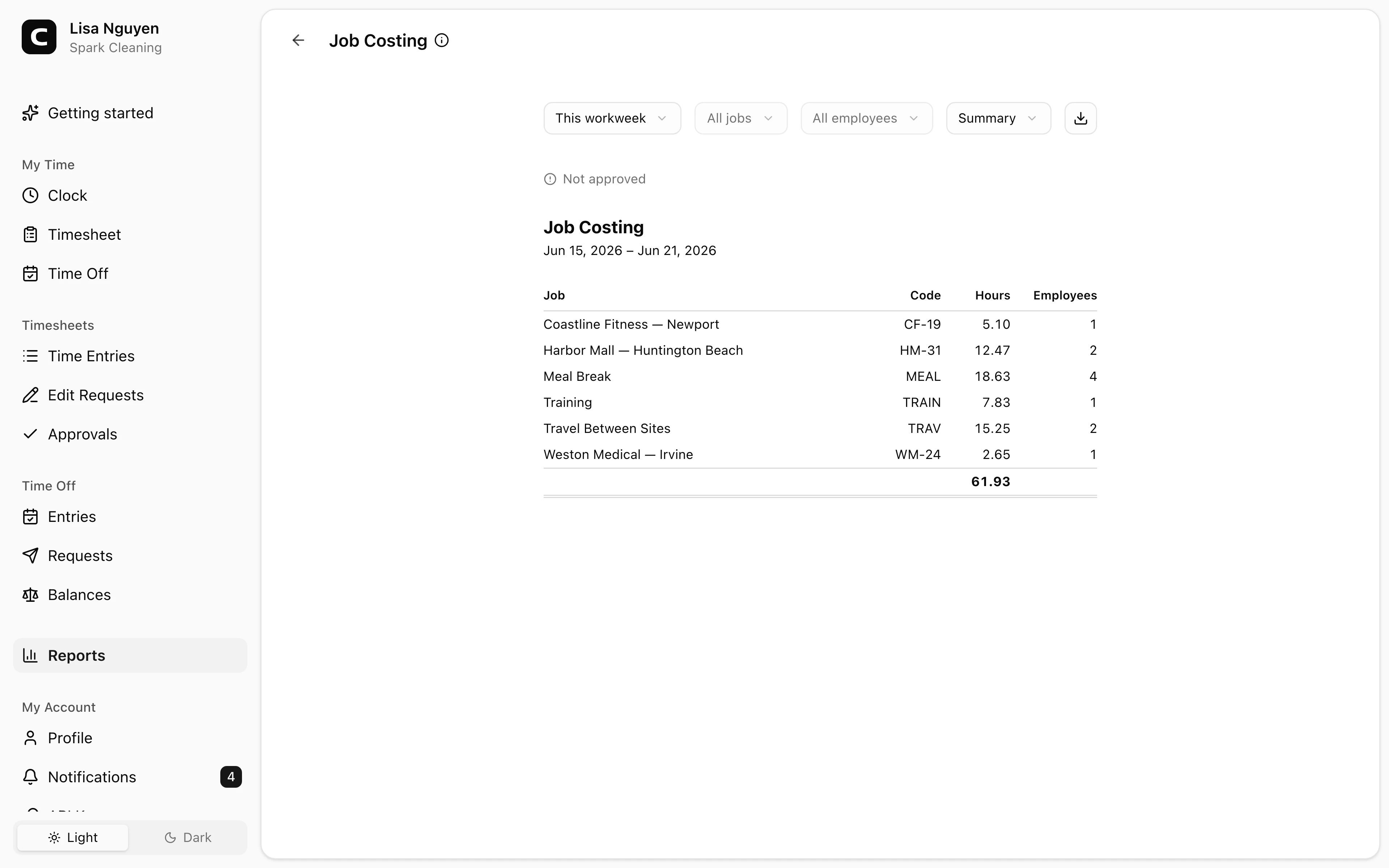 Clockspot Job Costing screen