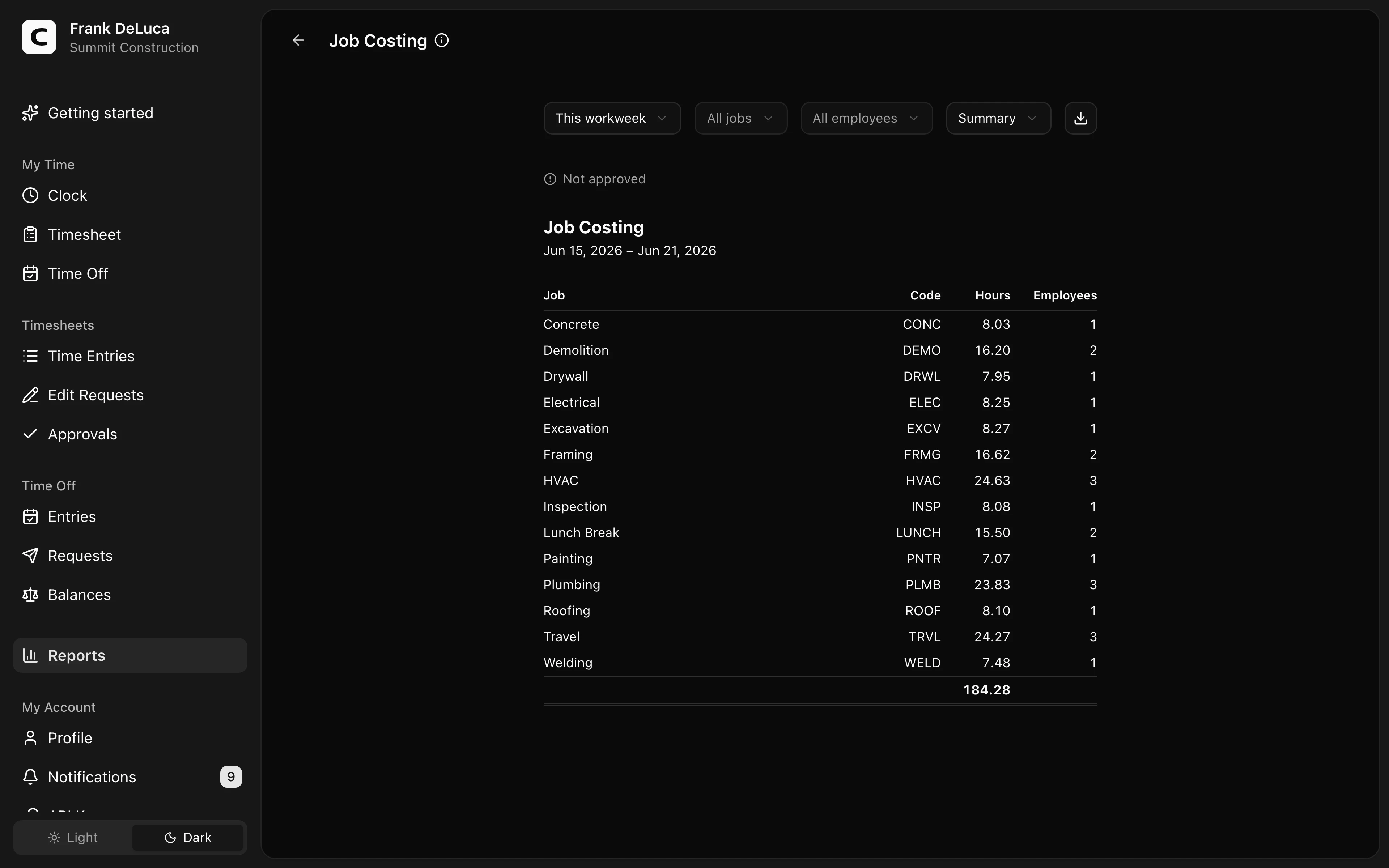 Clockspot Job Costing screen