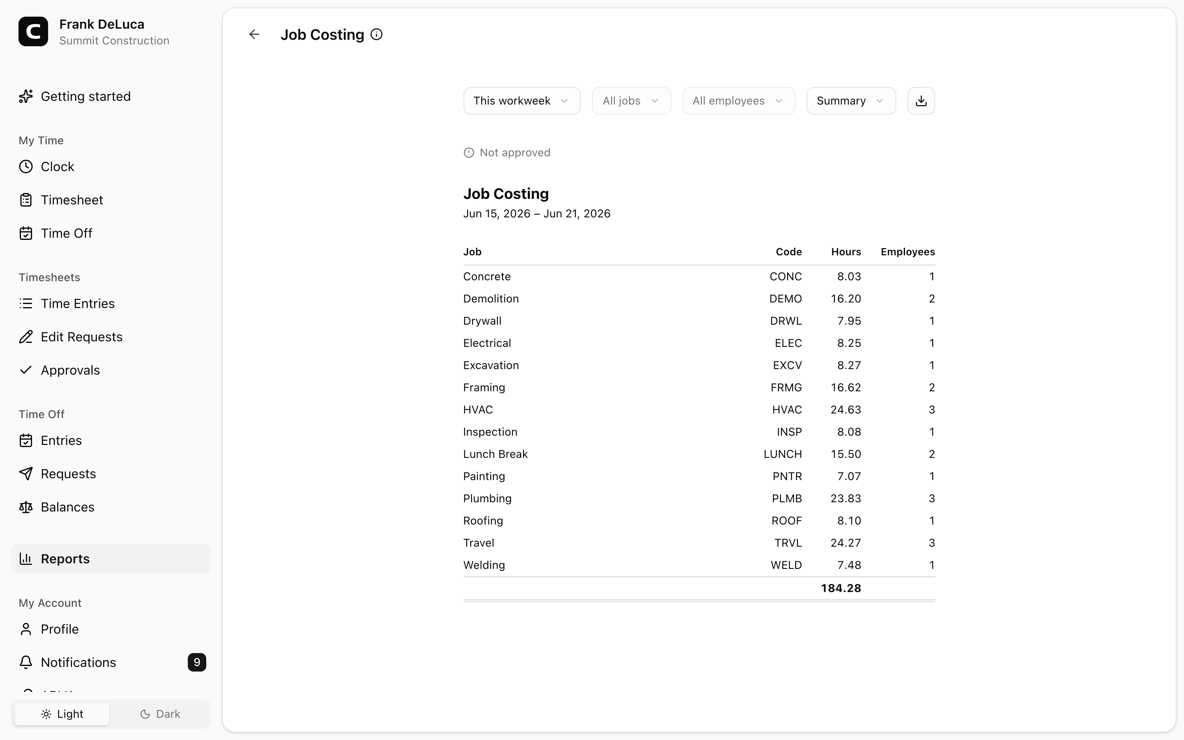 Clockspot Job Costing screen