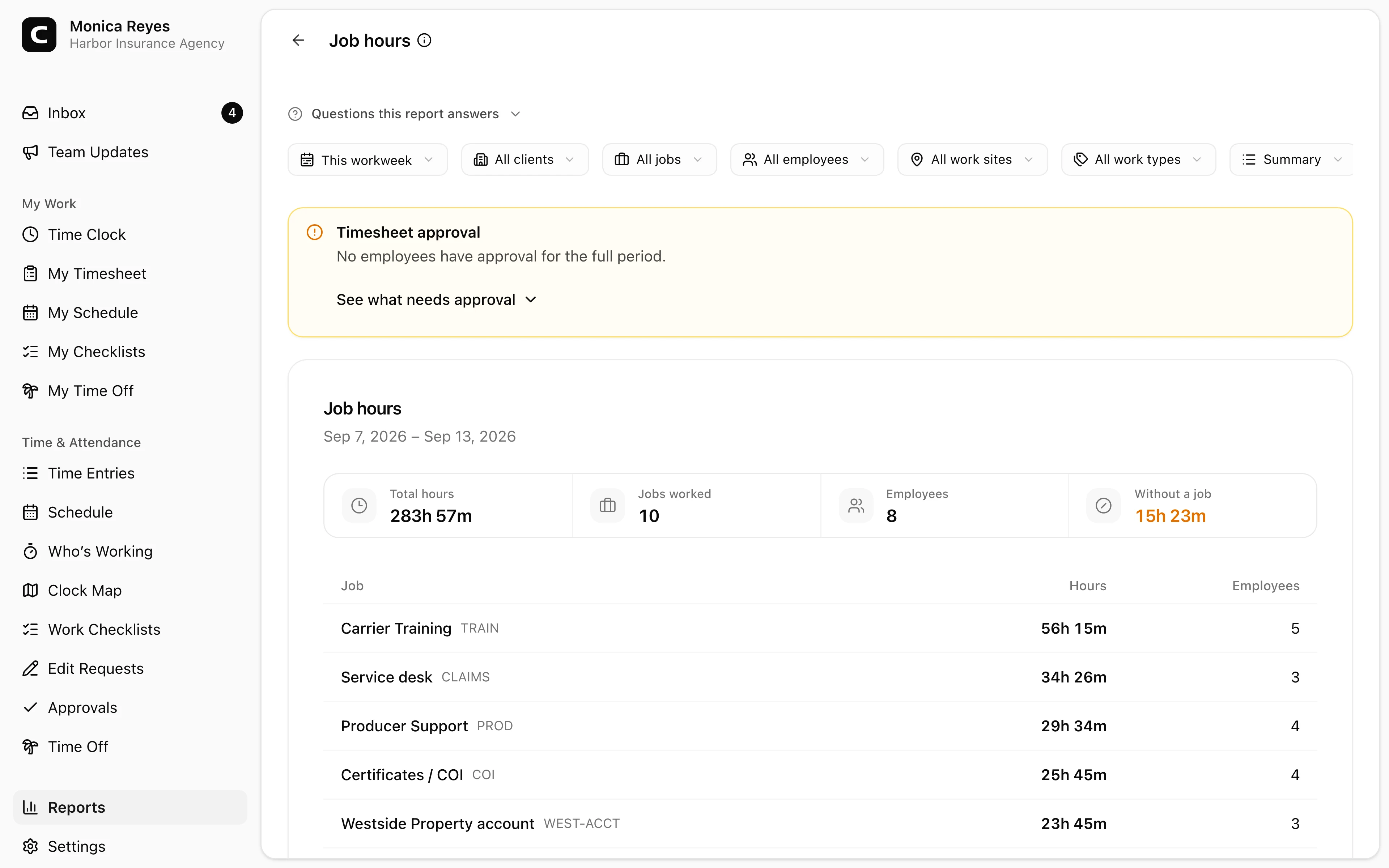 Clockspot Job Hours report showing insurance-agency employee time by work category