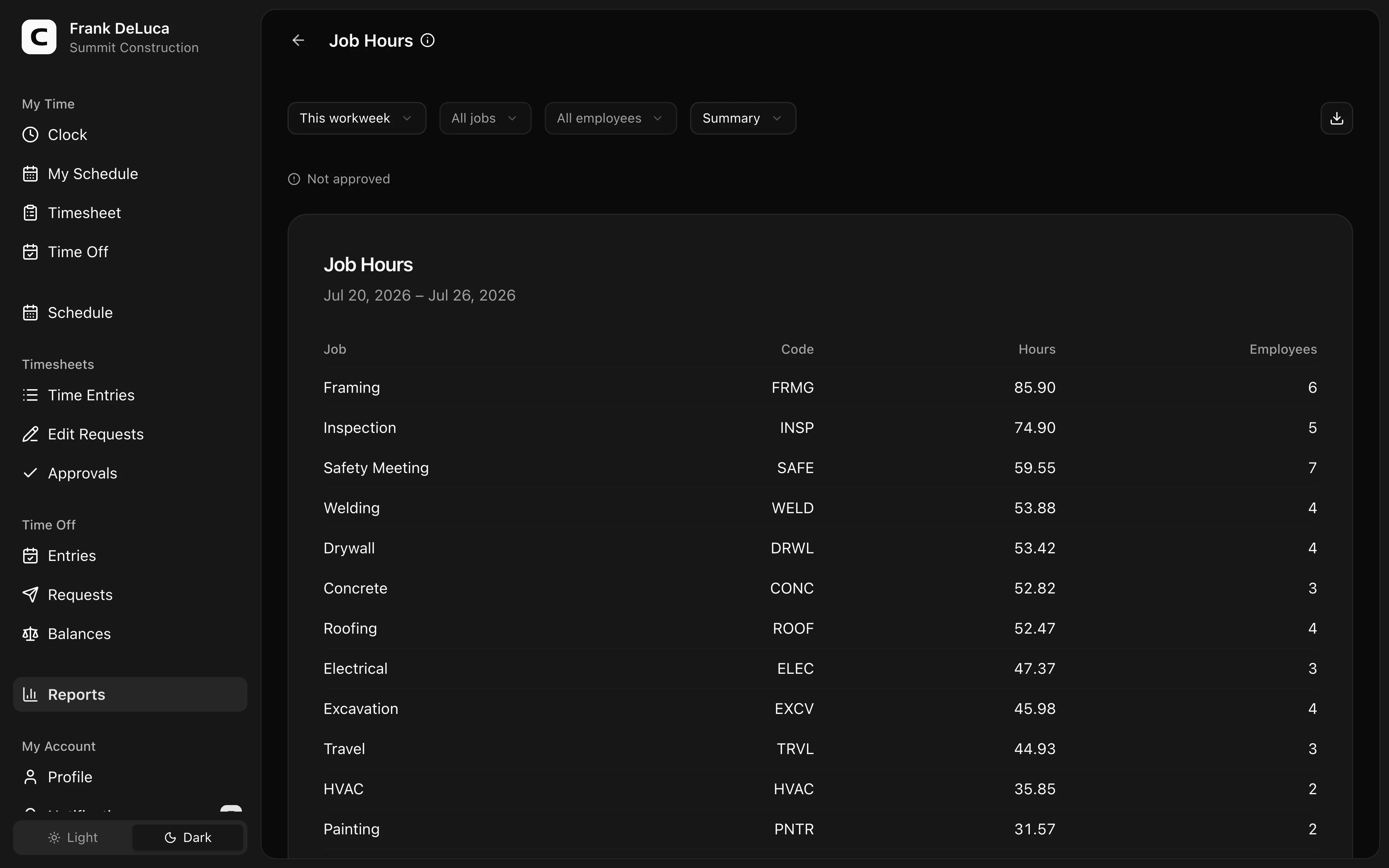 Clockspot Job Hours screen