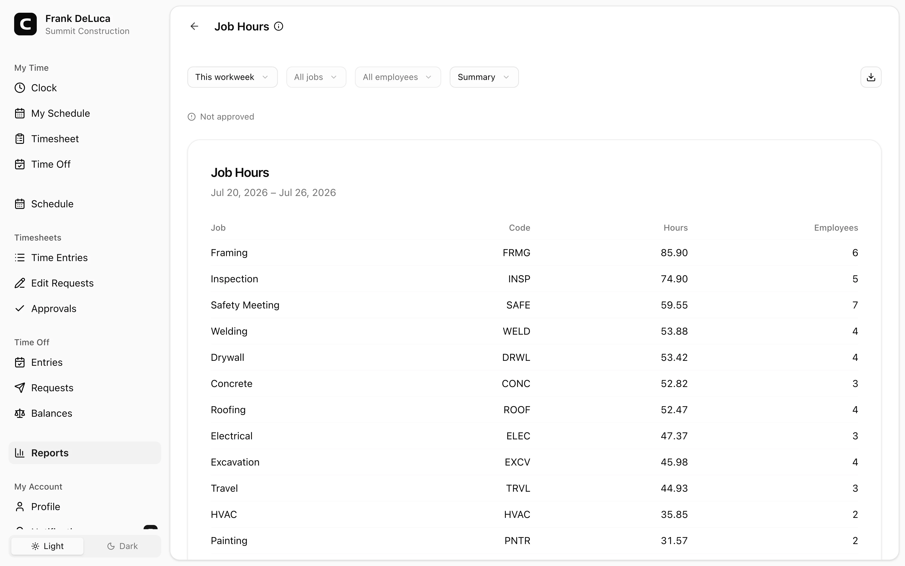 Clockspot Job Hours screen