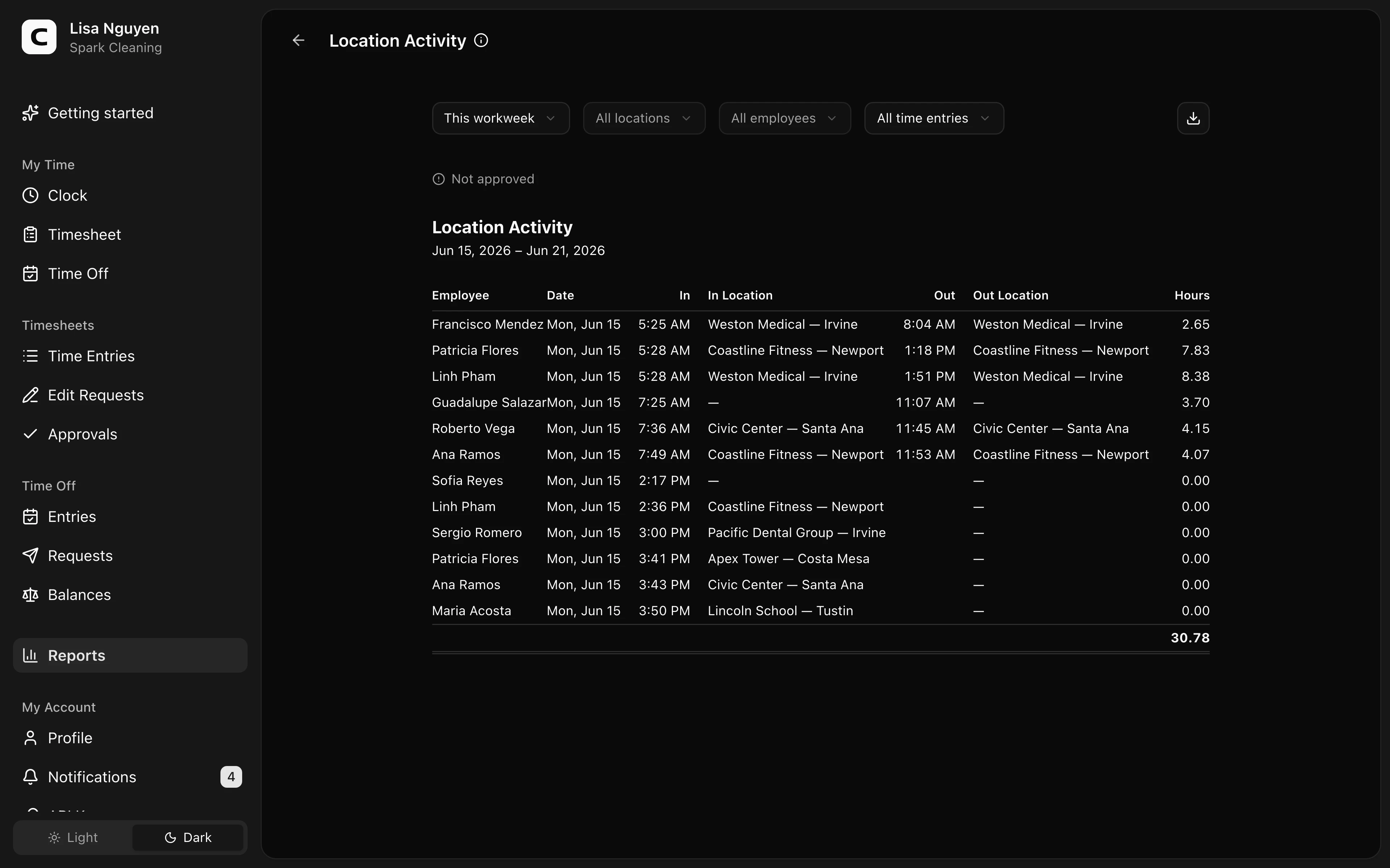 Clockspot Location Activity screen. See the clock-in and clock-out location for every shift.