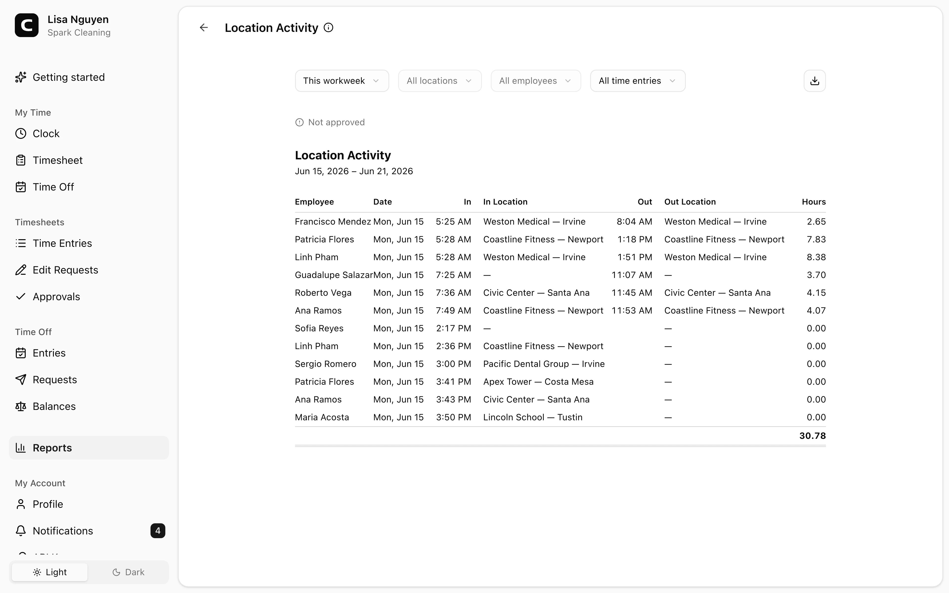 Clockspot Location Activity screen. See the clock-in and clock-out location for every shift.