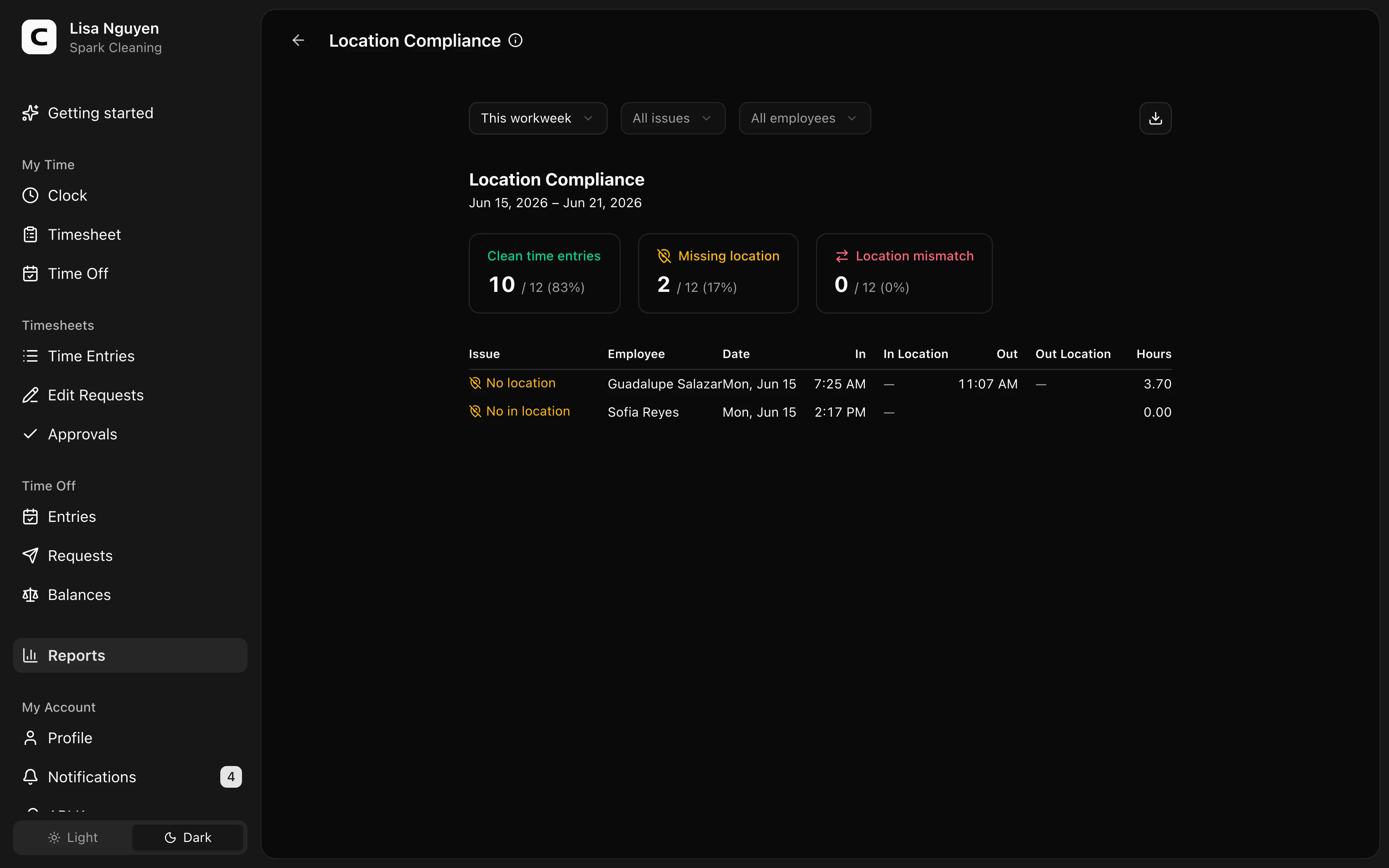 Clockspot Location Compliance screen. Find time entries with missing or mismatched clock locations.