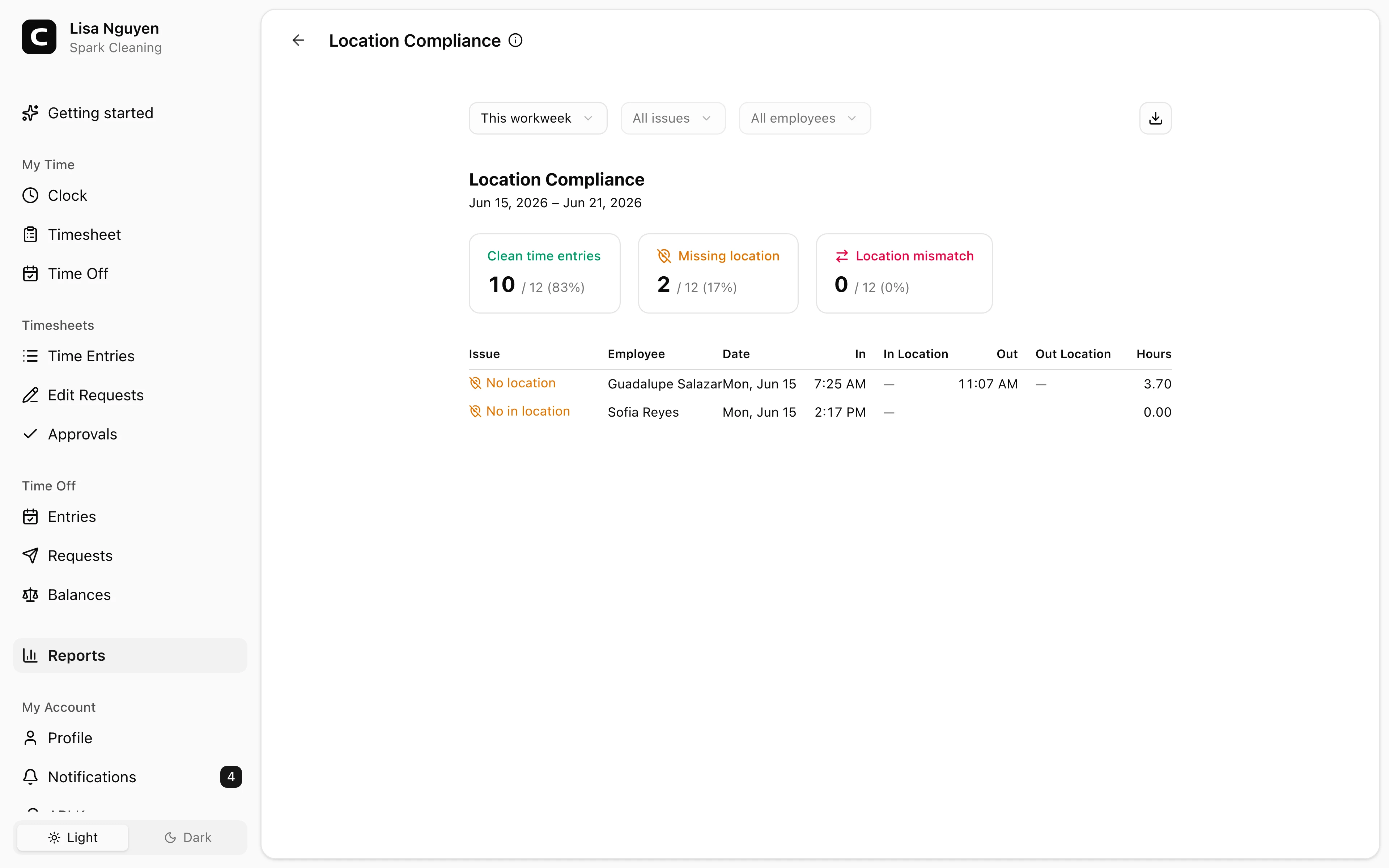 Clockspot Location Compliance screen. Find time entries with missing or mismatched clock locations.