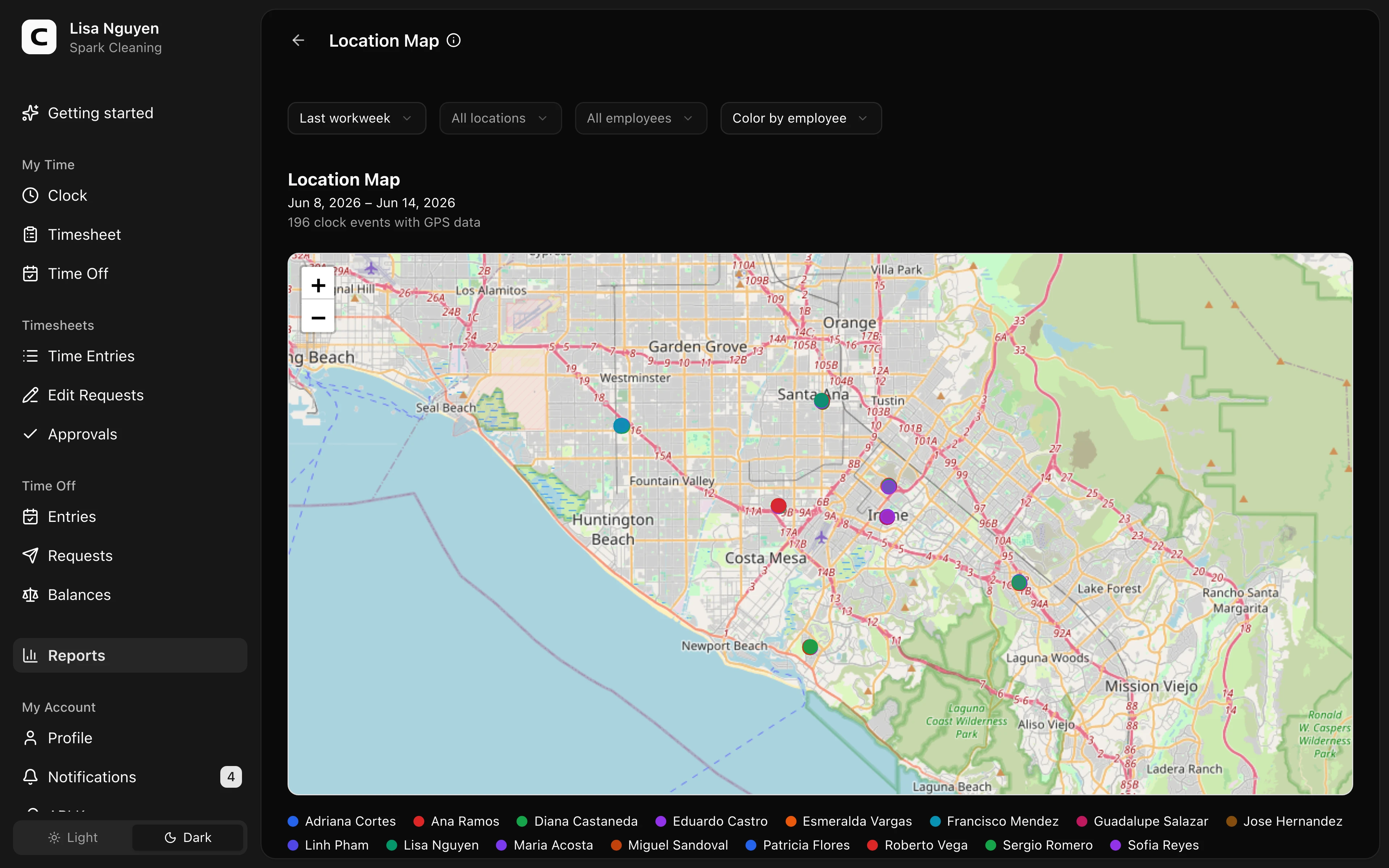 Clockspot Location Map screen. See GPS-tagged clock events plotted on a map.
