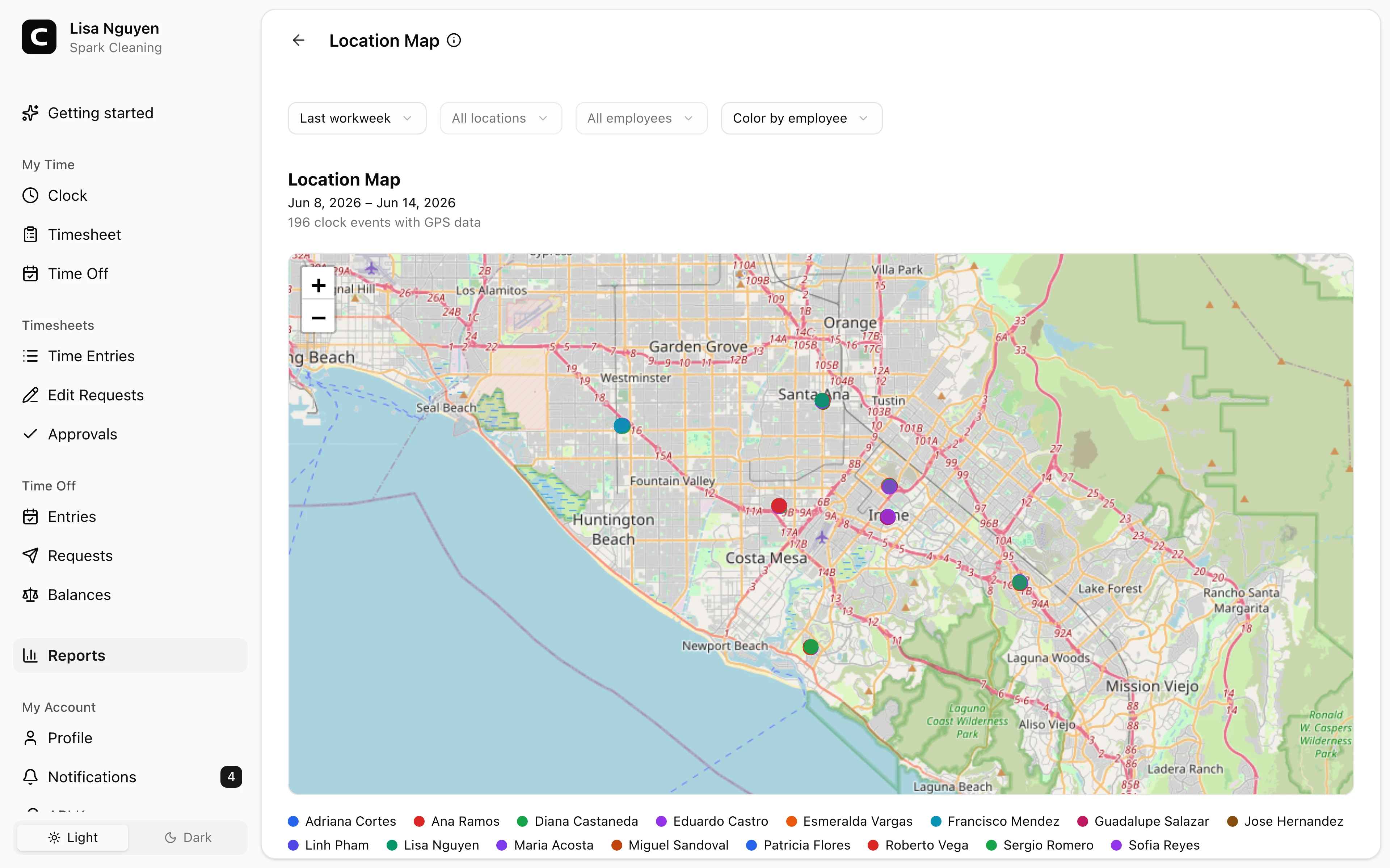 Clockspot Location Map screen. See GPS-tagged clock events plotted on a map.