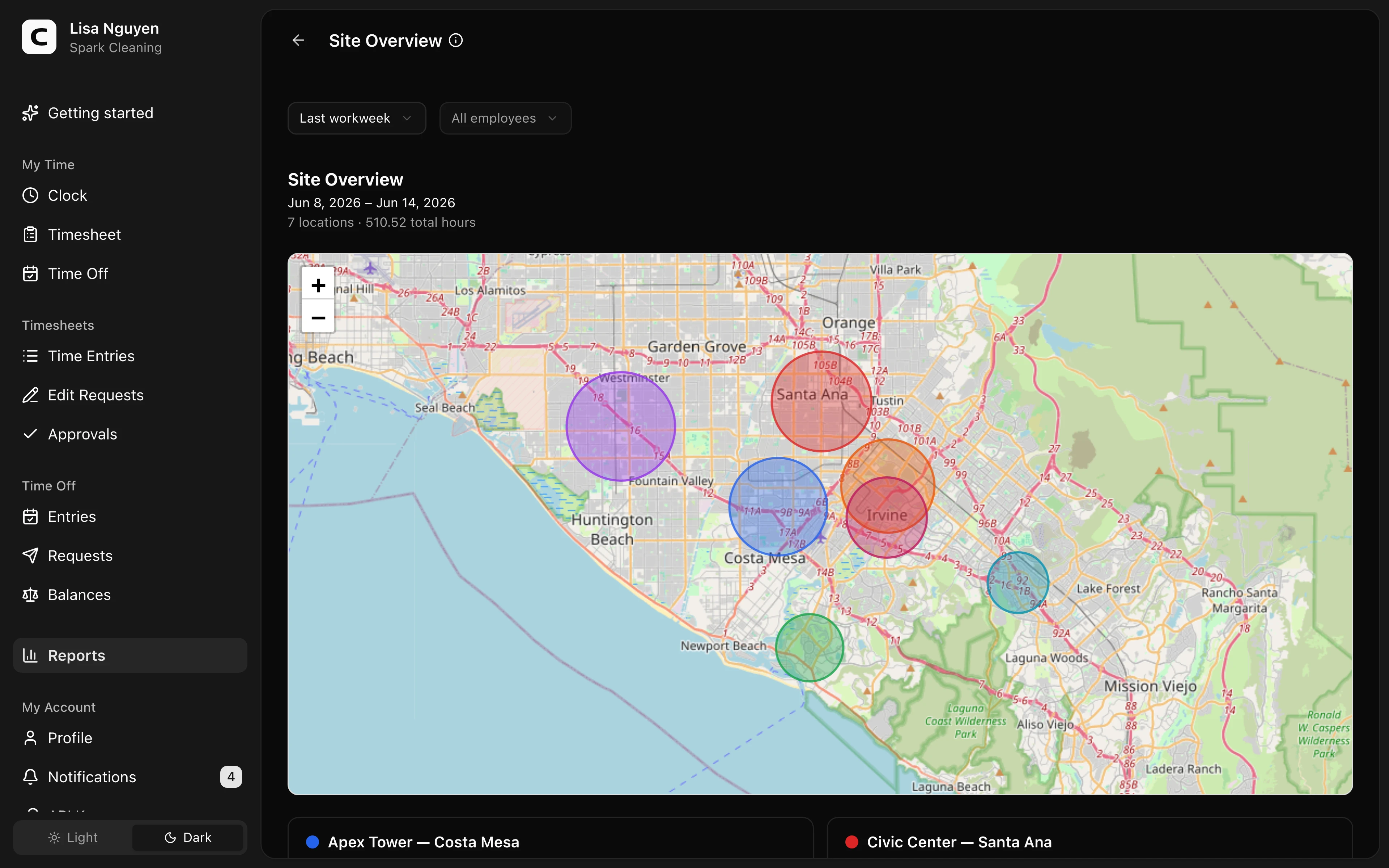 Clockspot Site Overview screen. Scan hours, entries, and employees at each clock location.