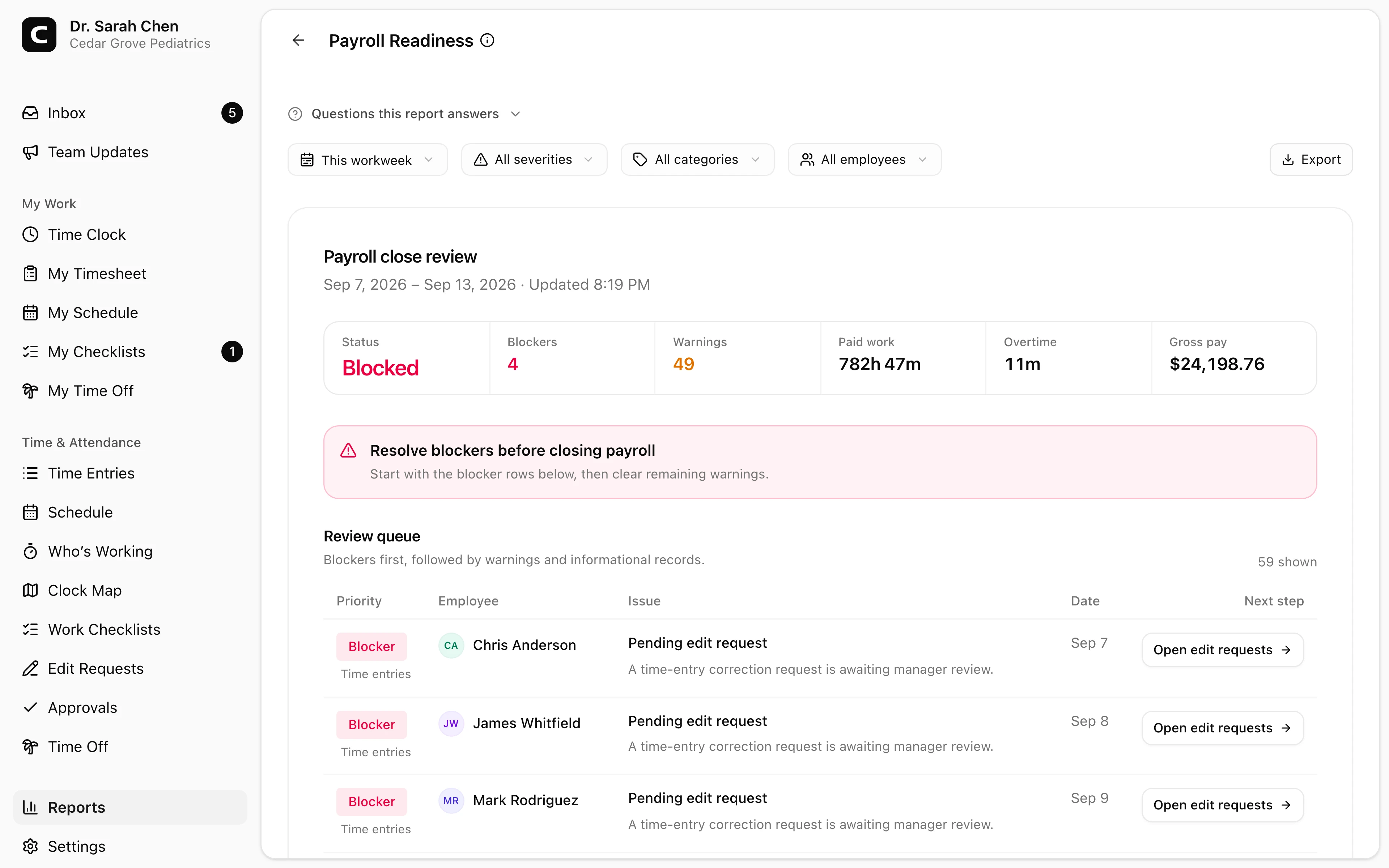 Clockspot Payroll Readiness report showing whether medical practice hours are ready for payroll