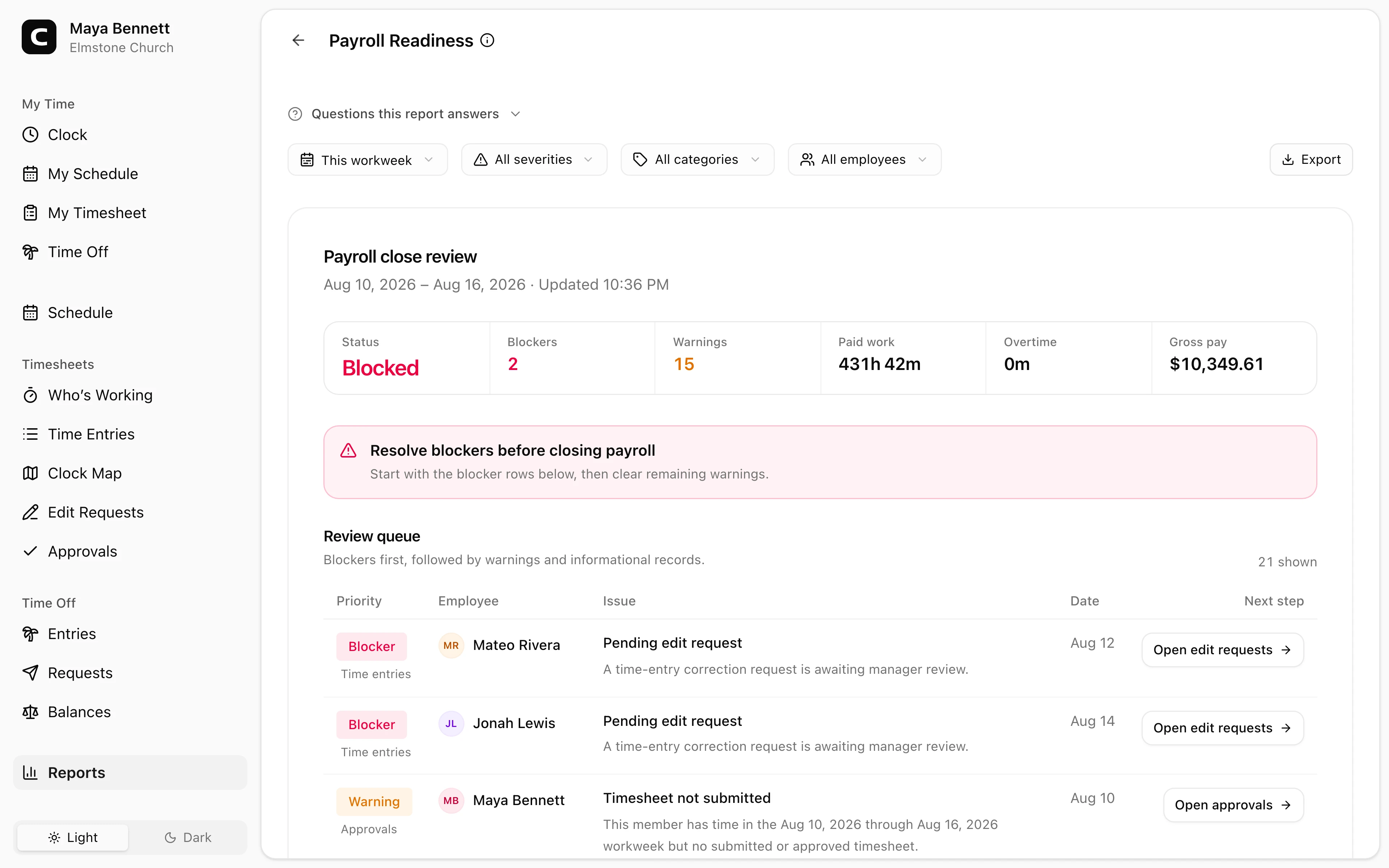 Clockspot Payroll Readiness report showing church employee time records needing review