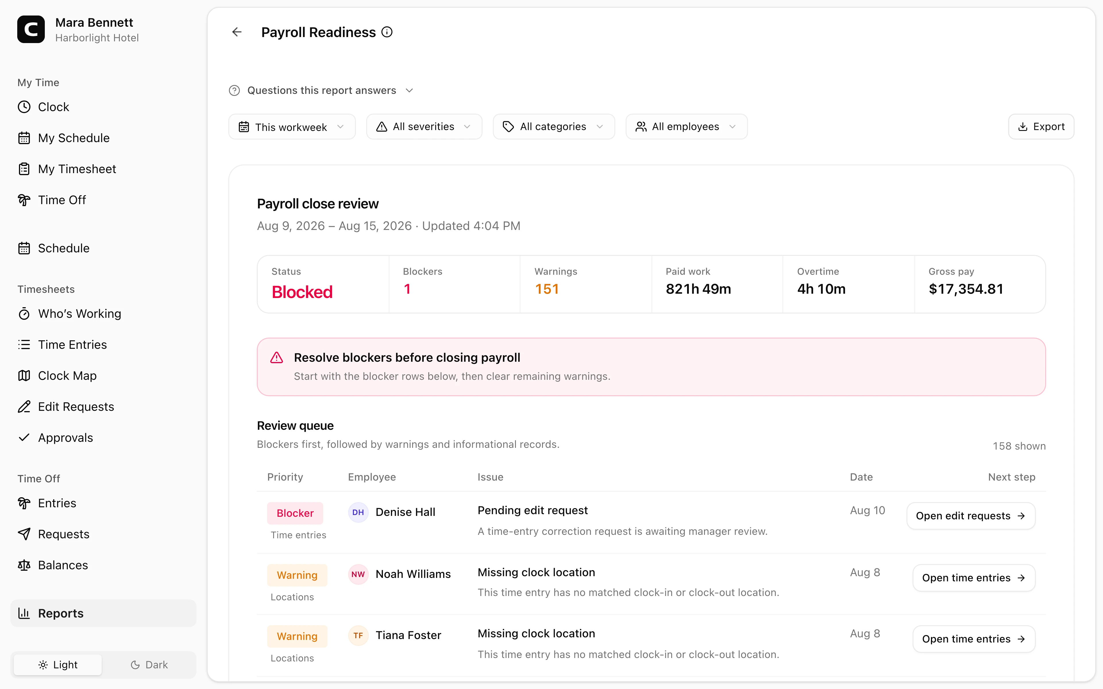 Clockspot Payroll Readiness report showing Harborlight Hotel time records that need review