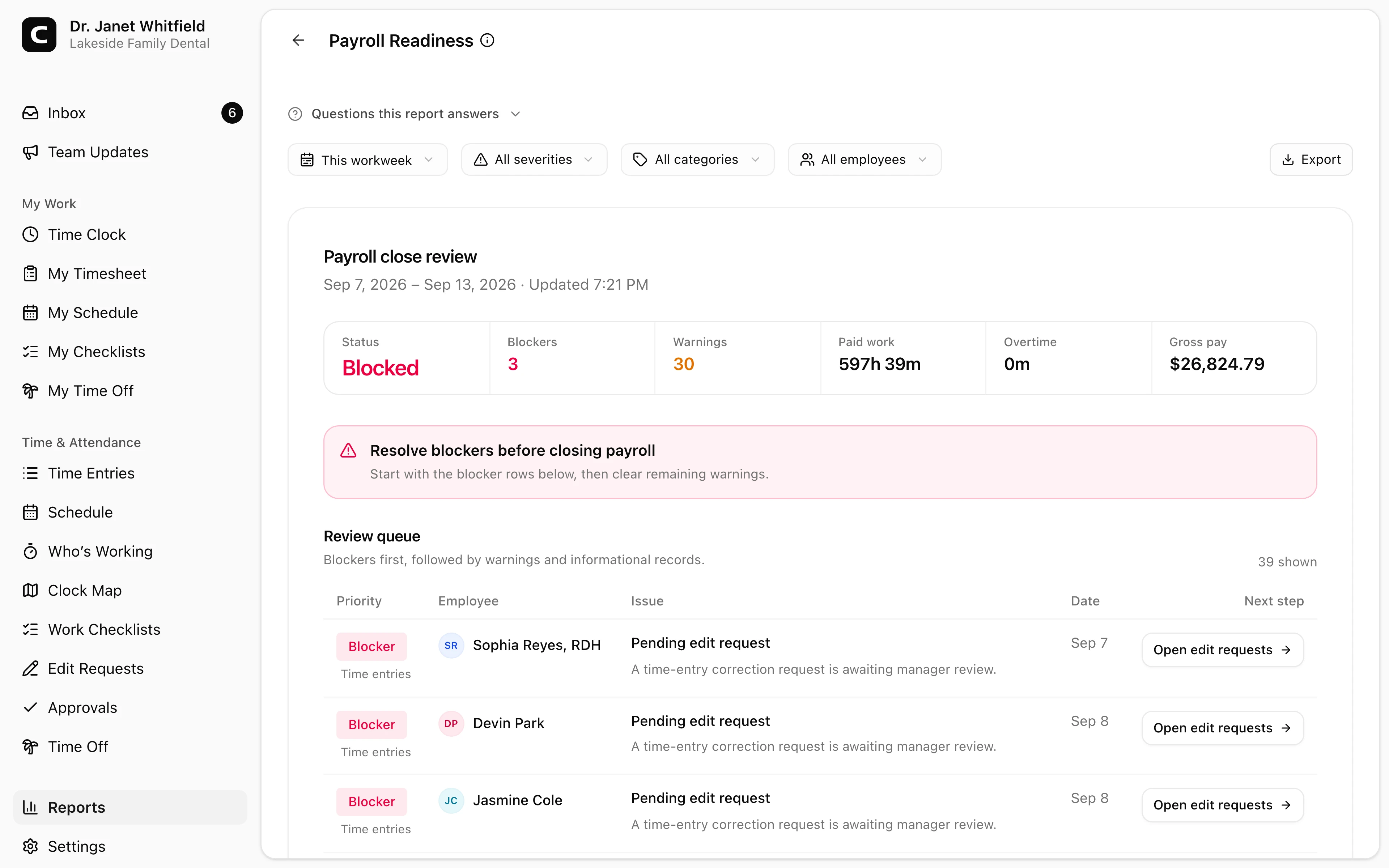 Clockspot Payroll Readiness report showing whether dental-office hours are ready for payroll
