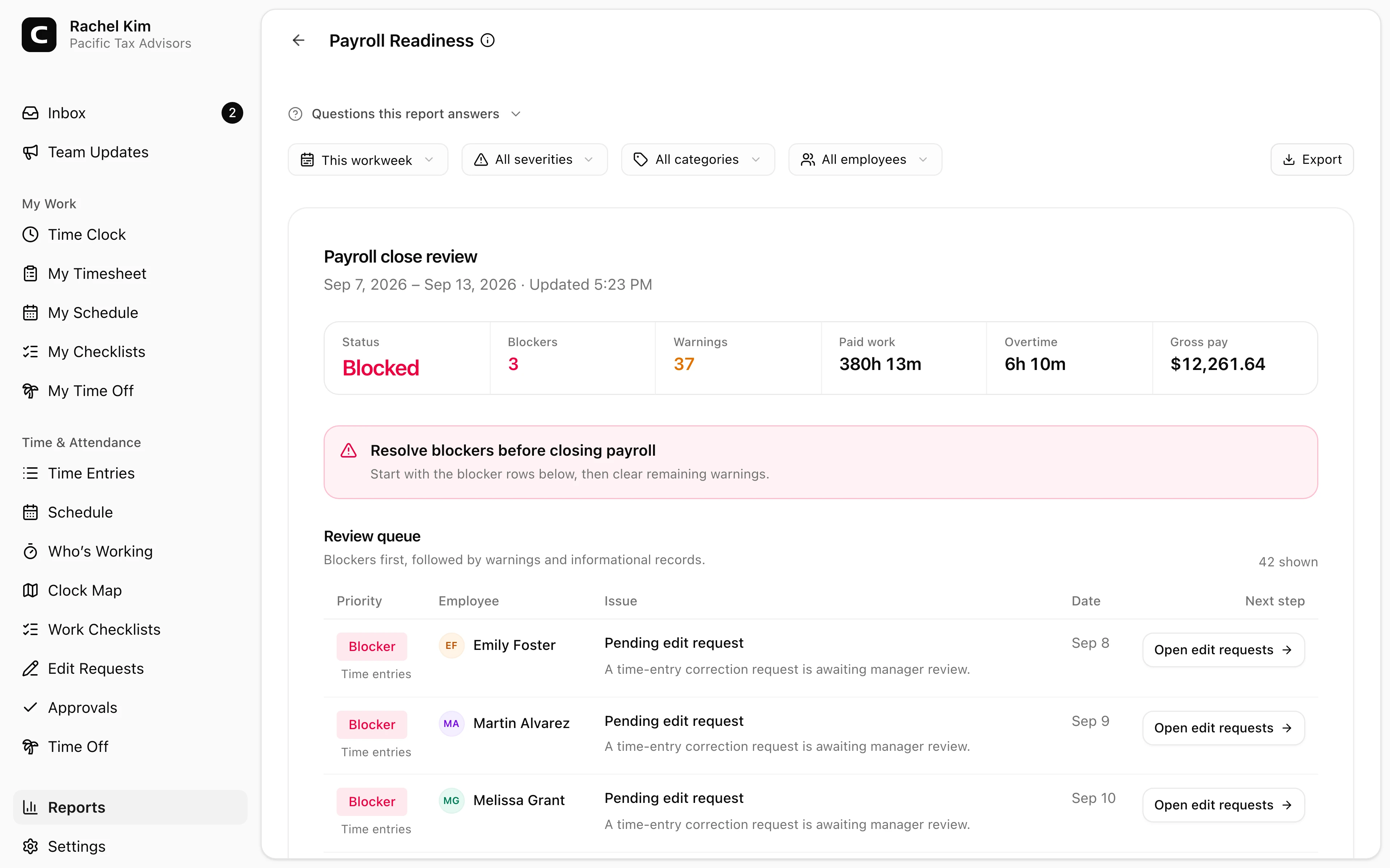 Clockspot Payroll Readiness report showing whether accounting-firm hours are ready for payroll