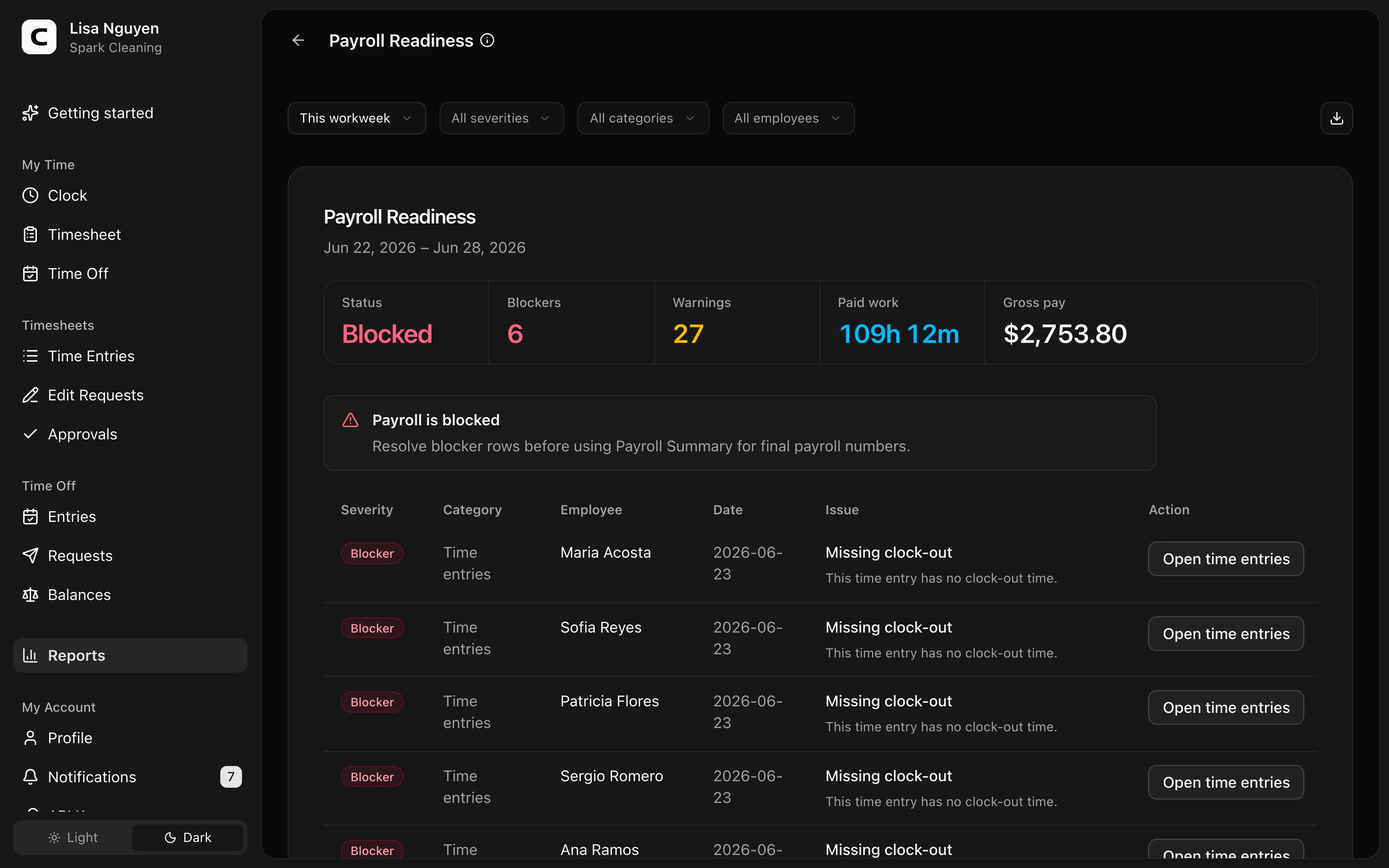 Clockspot Payroll Readiness screen. Check payroll blockers, warnings, and cleanup actions before using payroll totals.