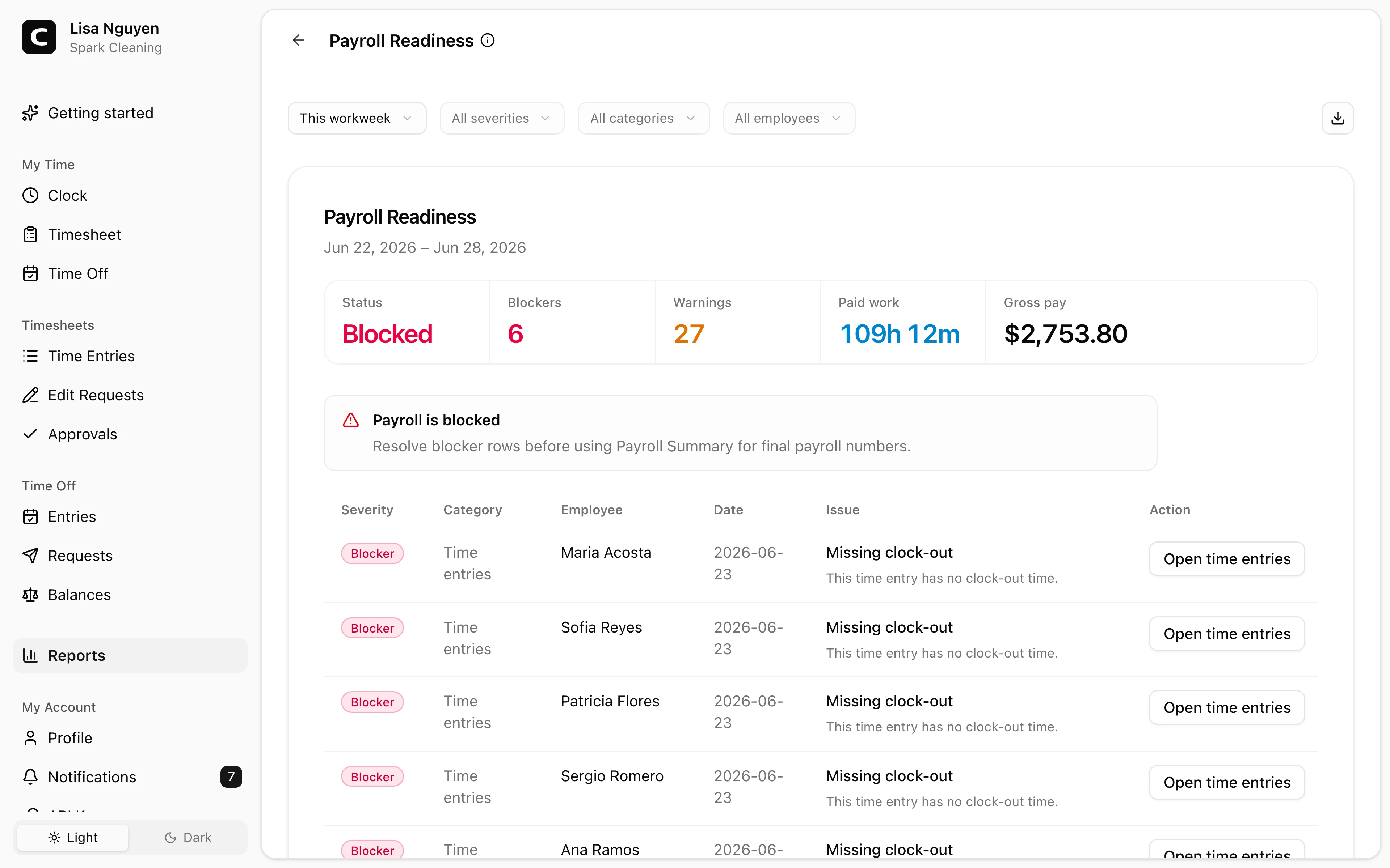 Clockspot Payroll Readiness screen. Check payroll blockers, warnings, and cleanup actions before using payroll totals.