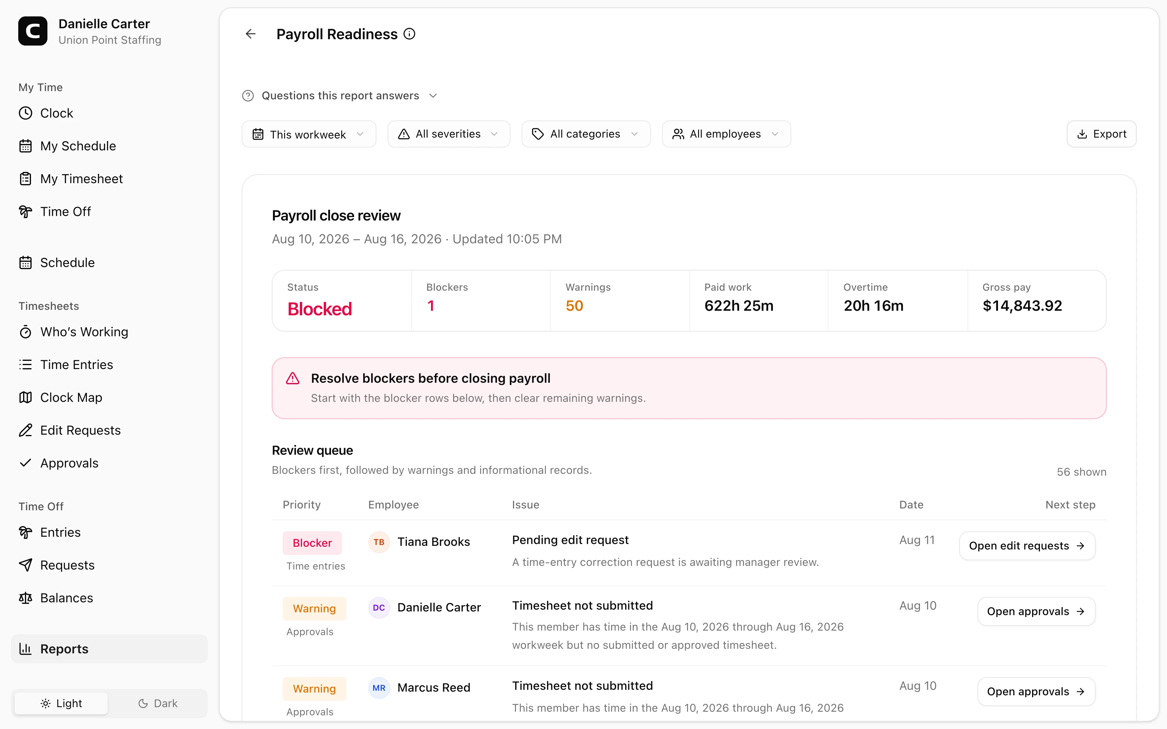 Clockspot Payroll Readiness report showing Union Point Staffing employee records that need review