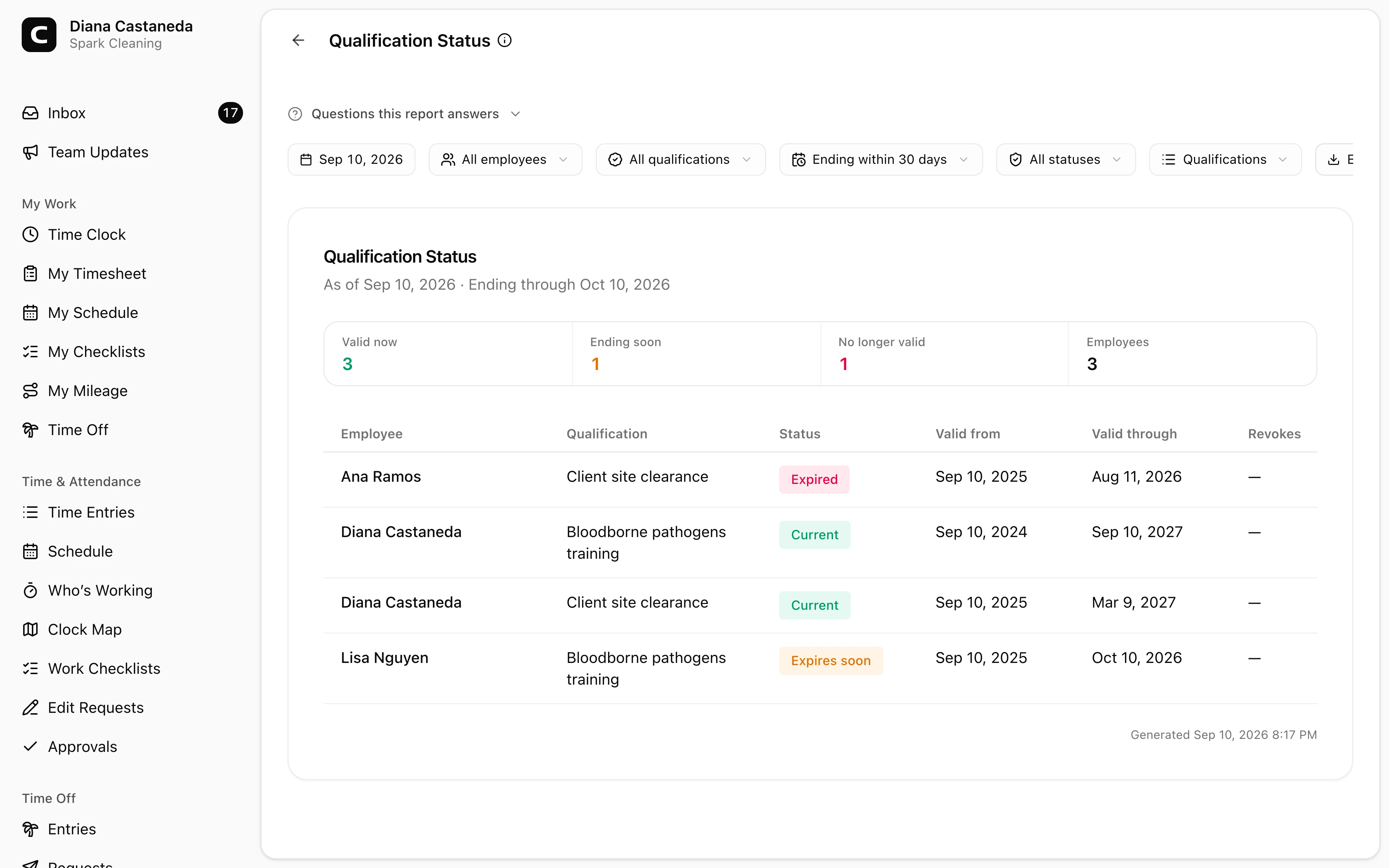 Clockspot Qualification Status screen. Review accepted employee qualifications as of a selected date, including records that start later, end soon, have expired, or have been revoked.