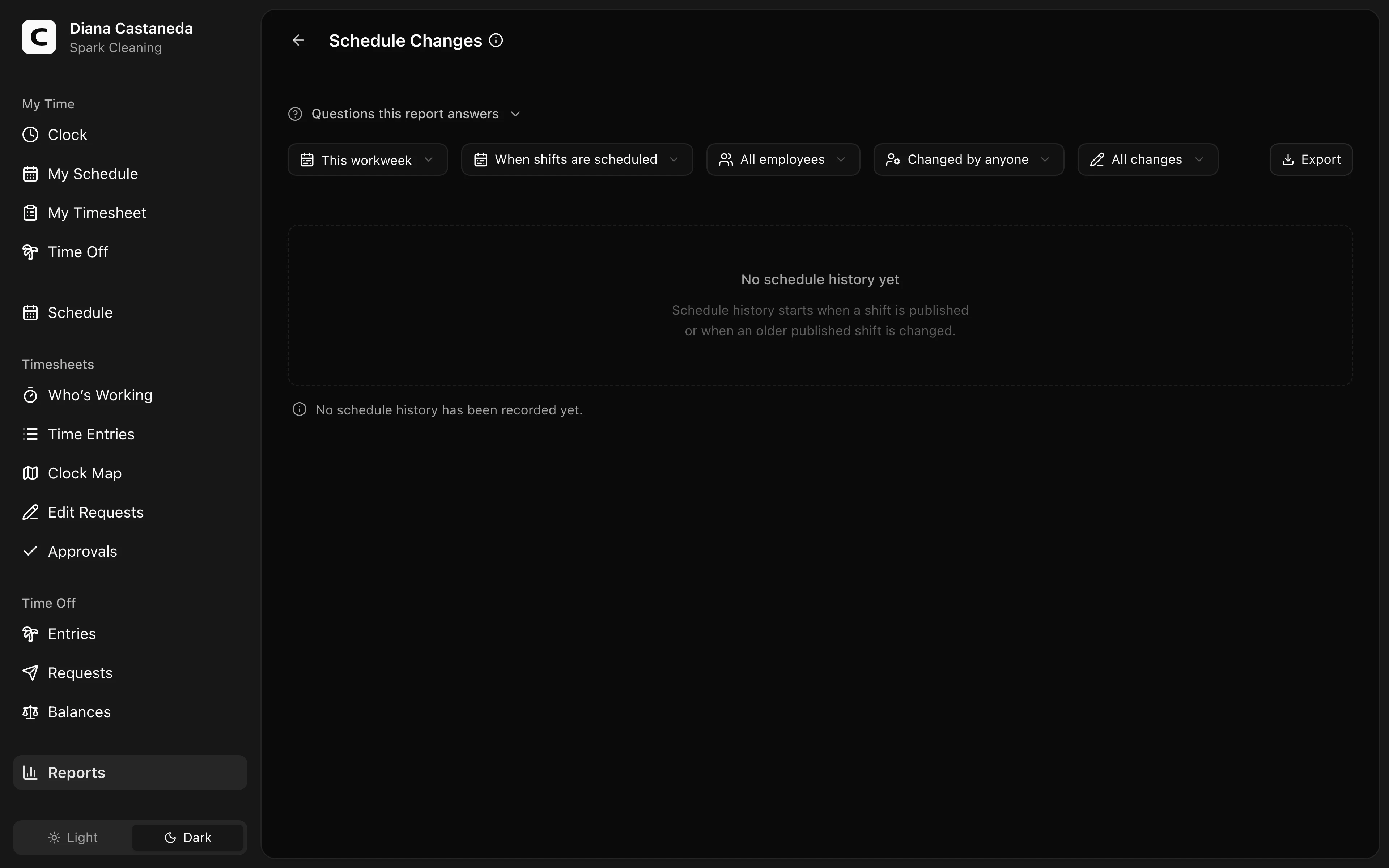 Clockspot Schedule Changes screen. Review who changed published shifts, what changed, when, why, and which shifts changed together.