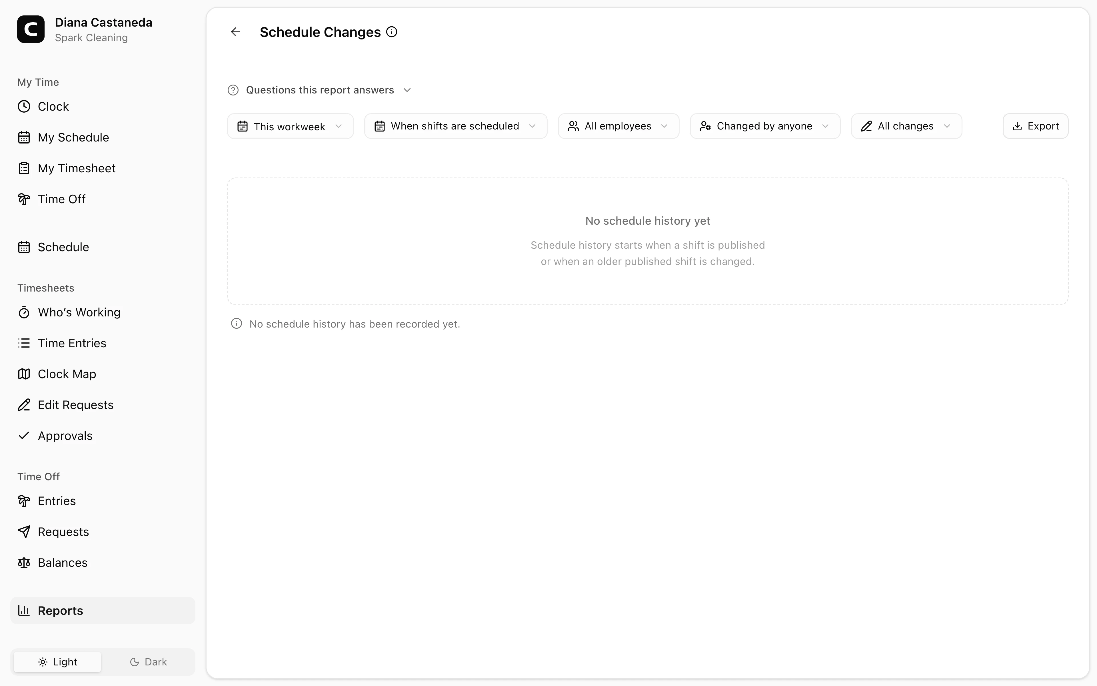 Clockspot Schedule Changes screen. Review who changed published shifts, what changed, when, why, and which shifts changed together.