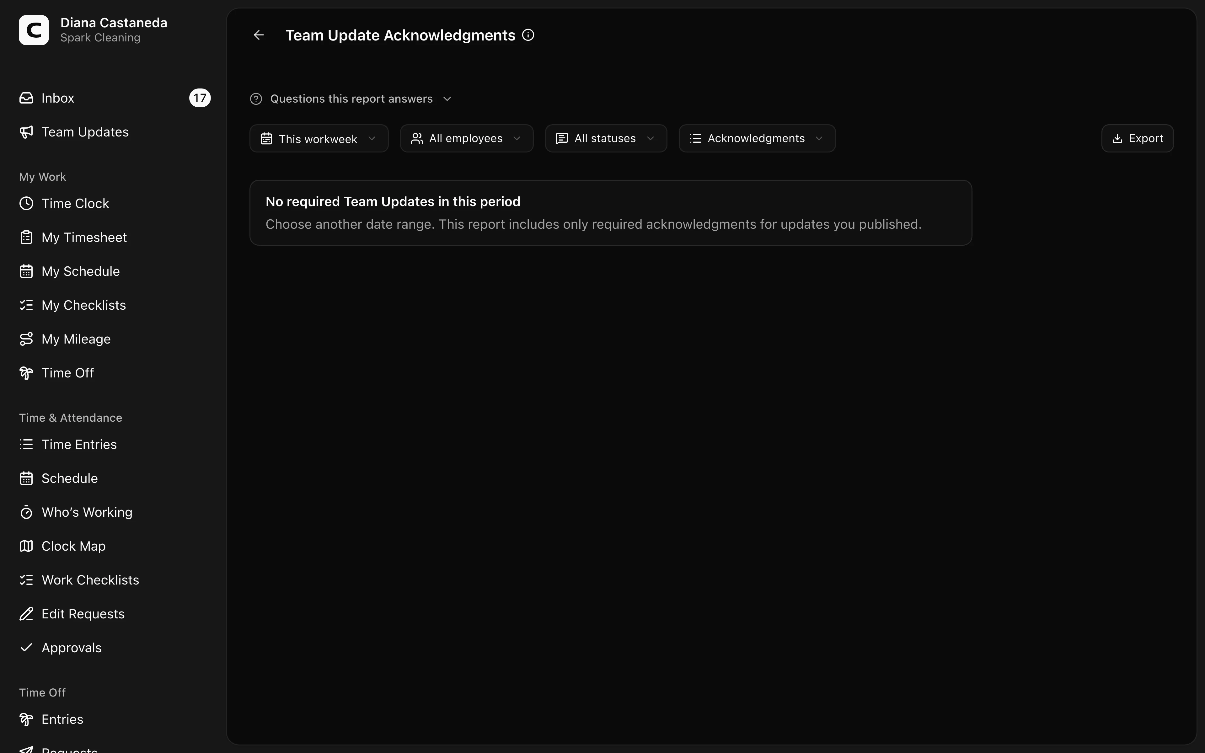 Clockspot Team Update Acknowledgments screen. Review explicit confirmations and outstanding recipients for required Team Updates you published.