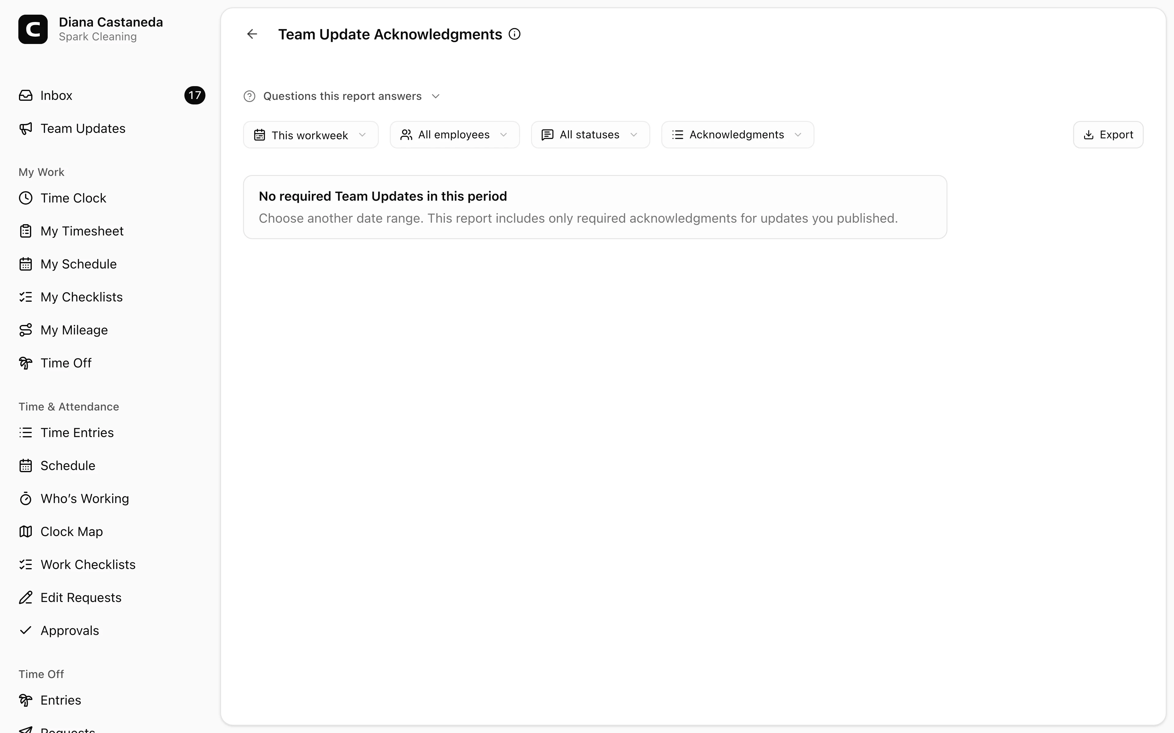 Clockspot Team Update Acknowledgments screen. Review explicit confirmations and outstanding recipients for required Team Updates you published.