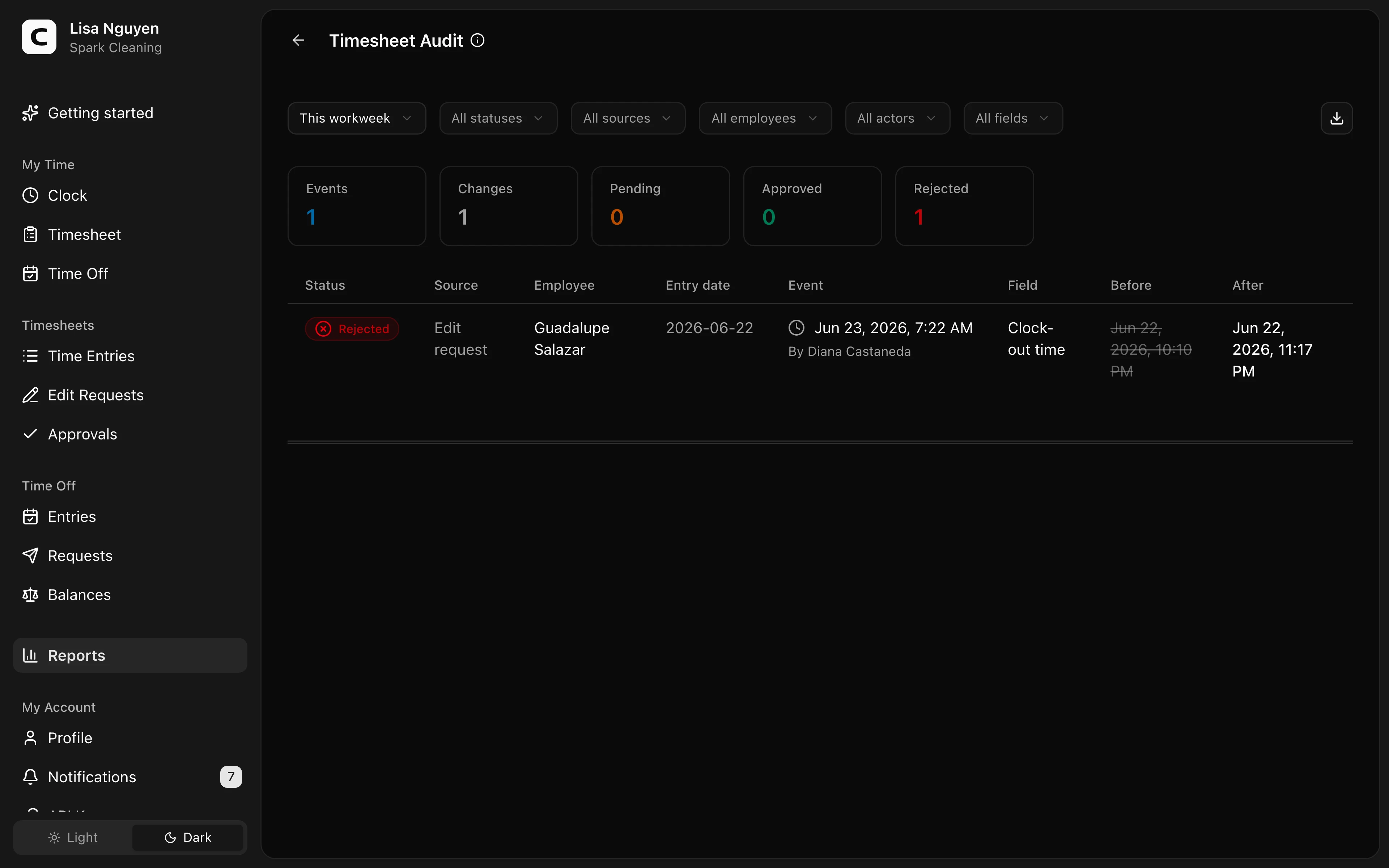 Clockspot Timesheet Audit screen. Review direct edits and edit requests with who changed what, when, and why.