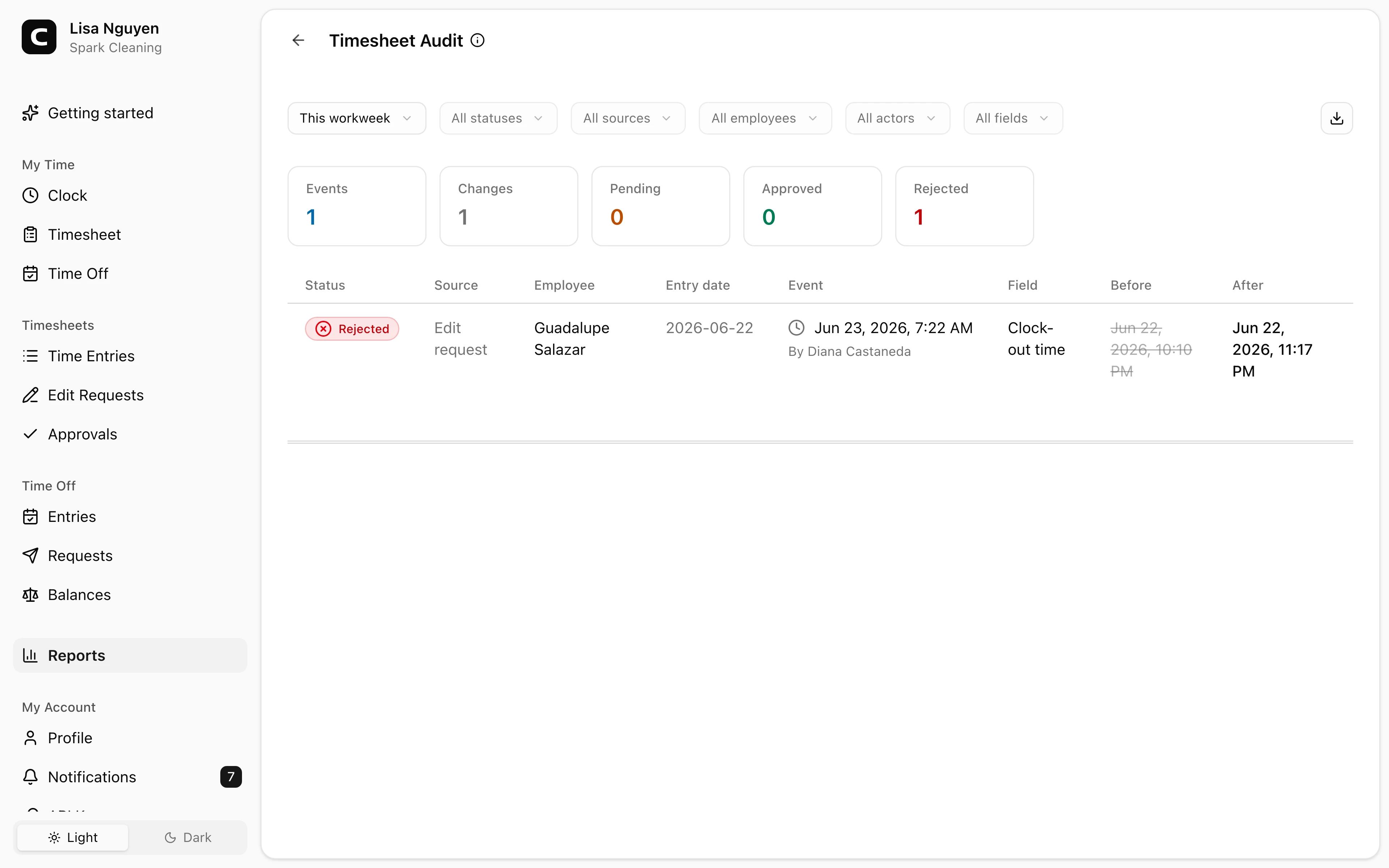 Clockspot Timesheet Audit screen. Review direct edits and edit requests with who changed what, when, and why.