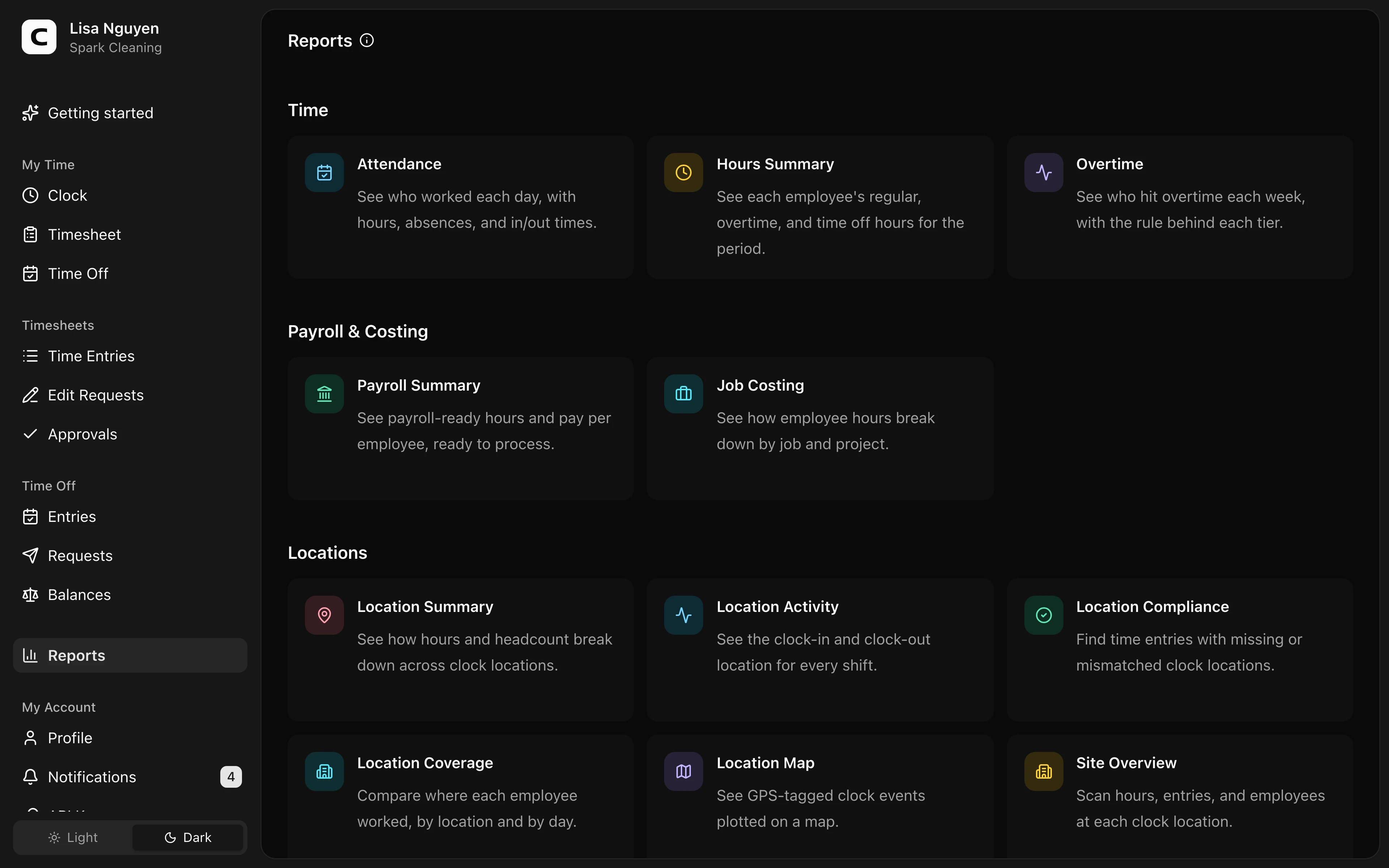 Clockspot Reports screen. Open the report that matches the hours, payroll, job, or clock-location question you need to review.