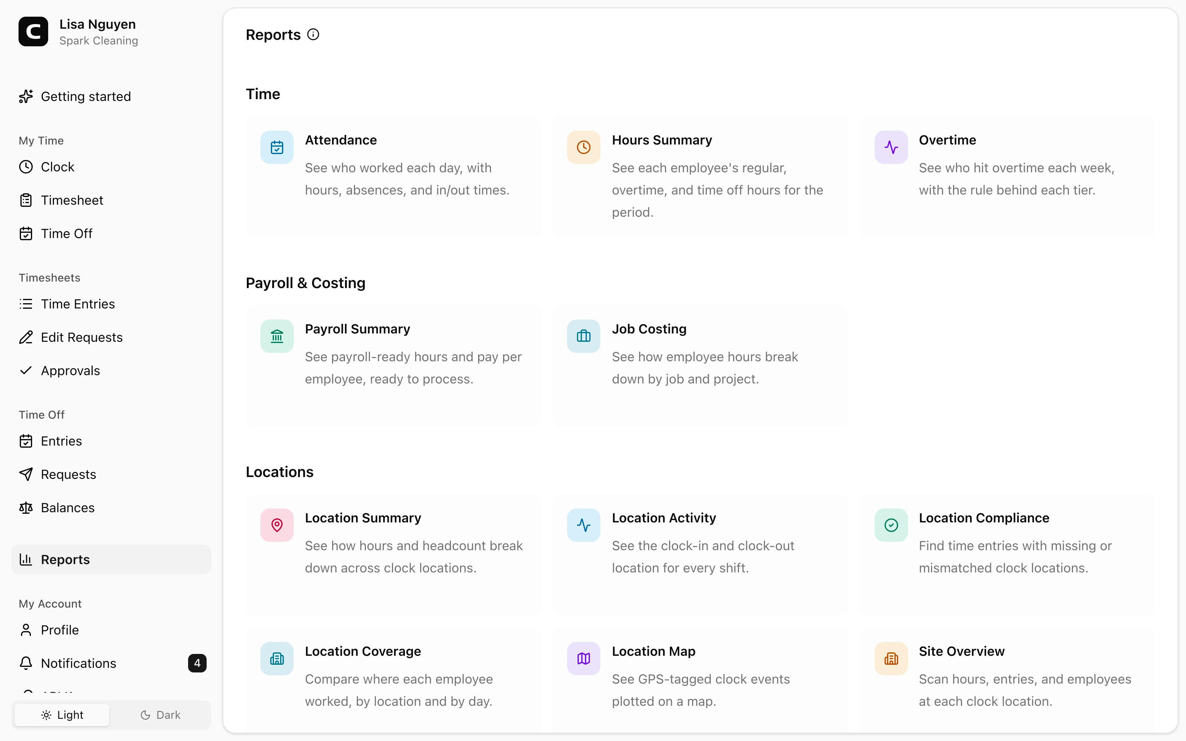 Clockspot Reports screen. Open the report that matches the hours, payroll, job, or clock-location question you need to review.