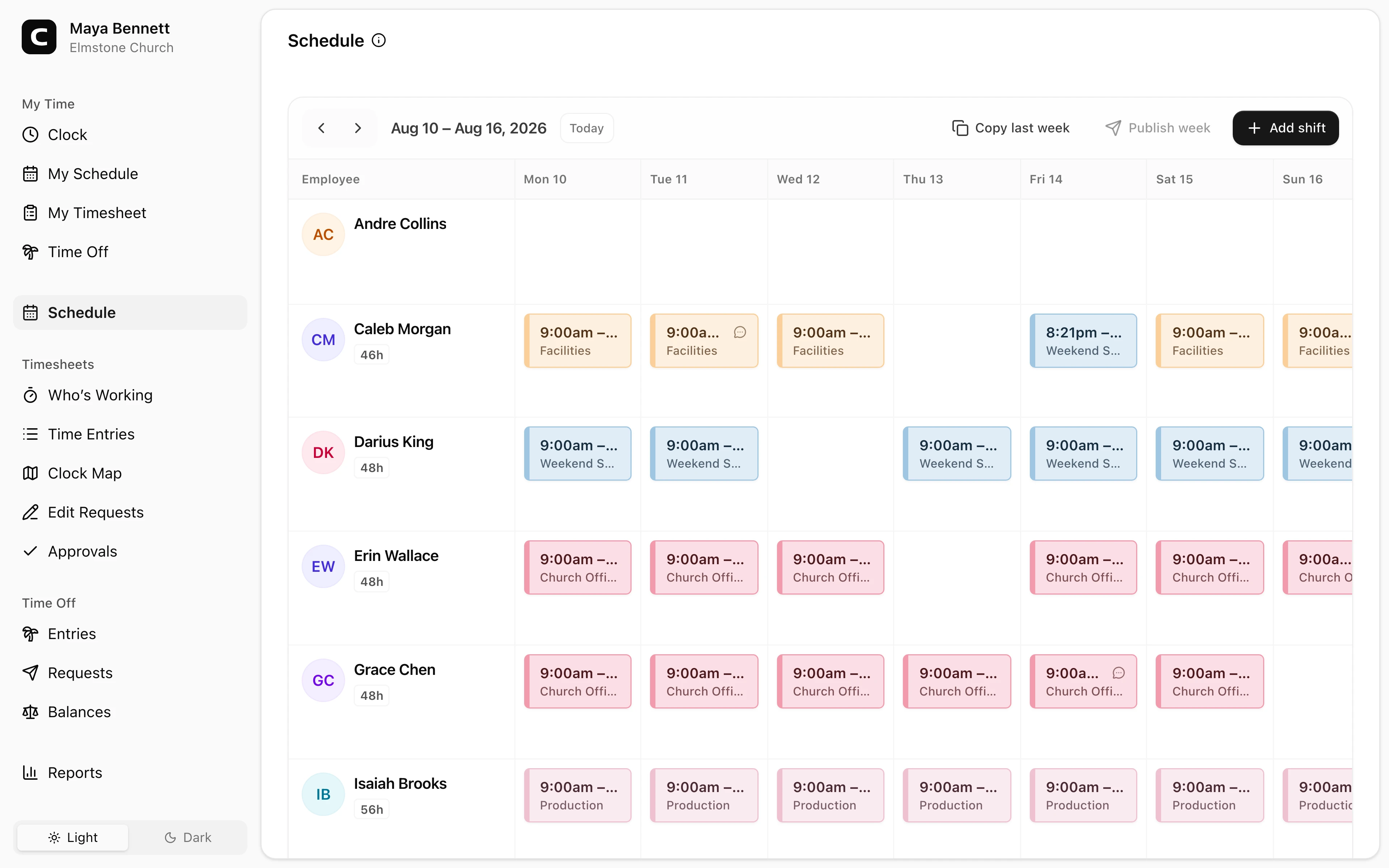 Clockspot Schedule showing paid church employee shifts for Elmstone Church