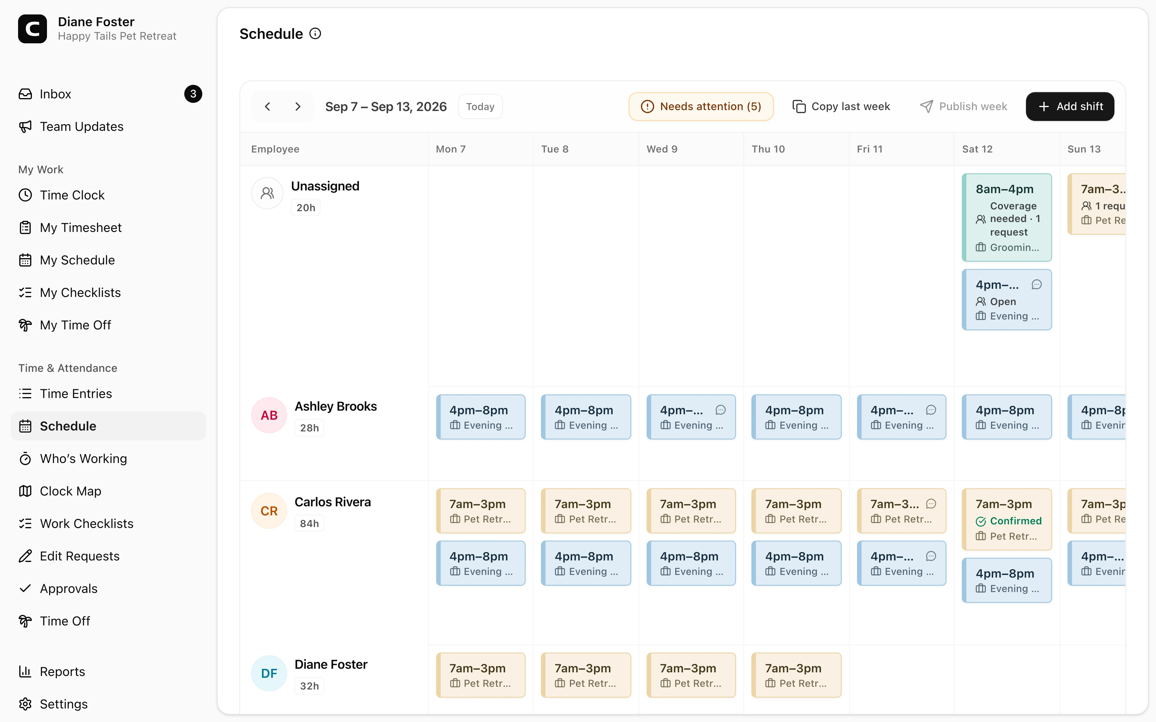 Clockspot employee schedule showing pet care staff coverage