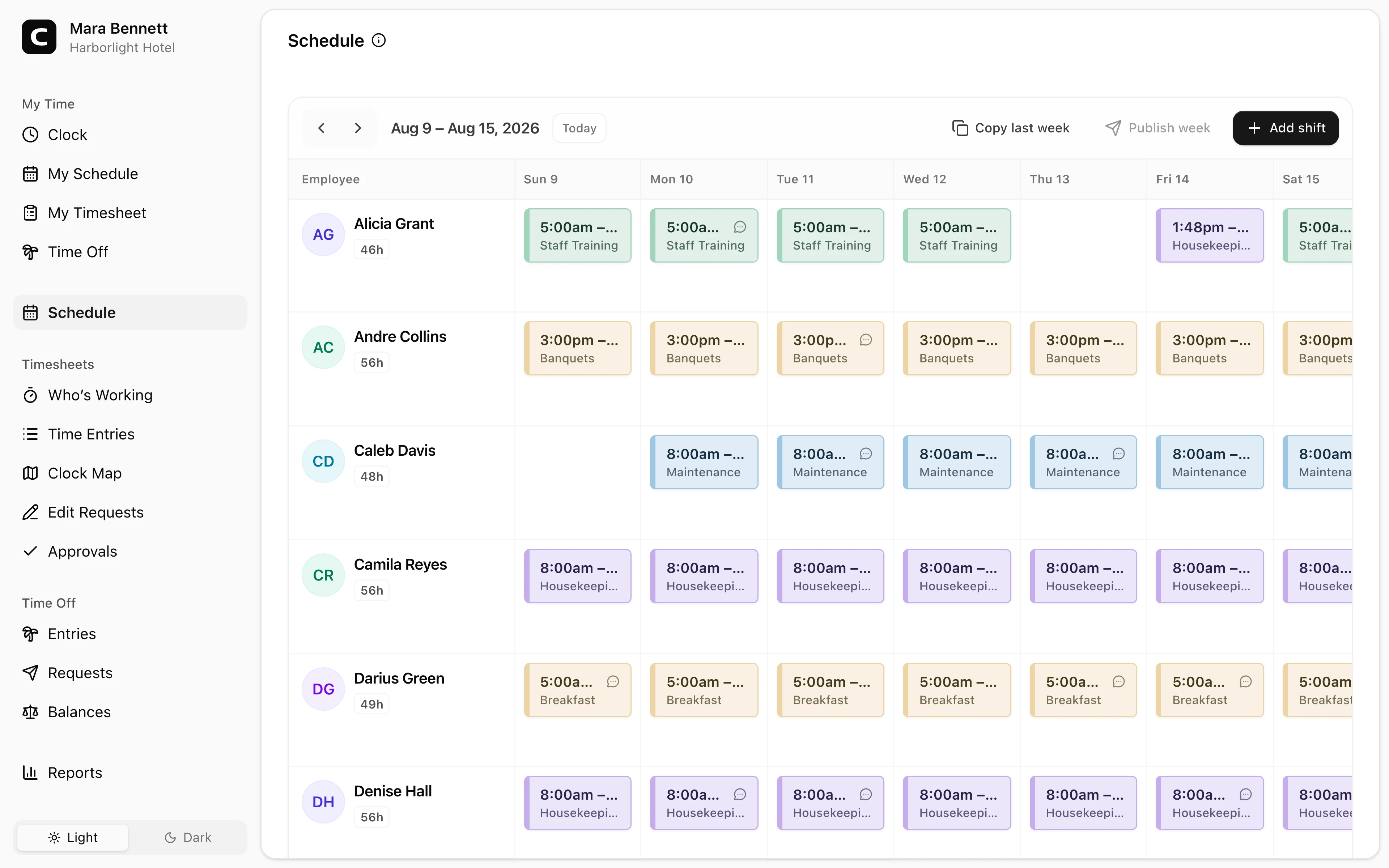 Clockspot schedule showing hotel staff shifts across departments